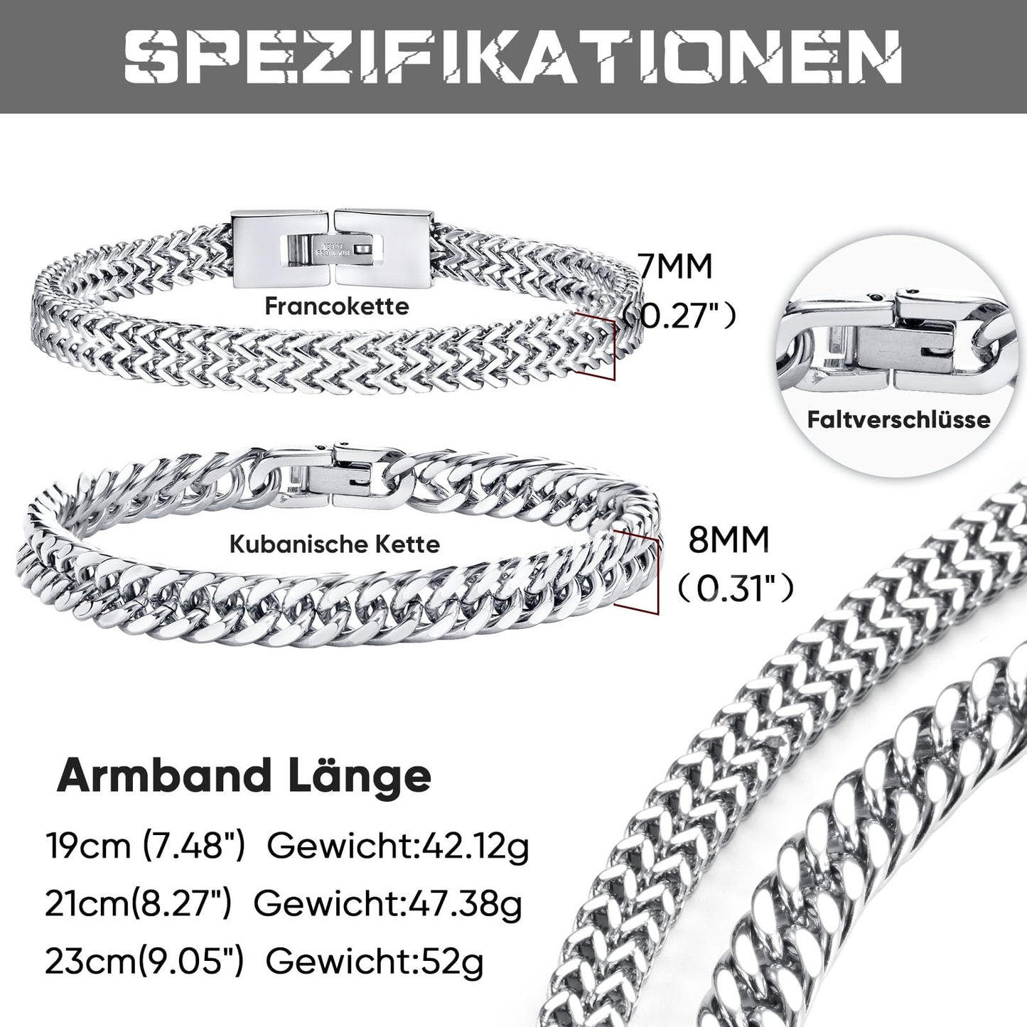 Herren Armband Edelstahl Armbänder Panzerkette - 2 Stücke Silber Herrenarmbänder für Männer Jungs Kubanische Armband 8mm Breite 21cm Länge Geschenke für Papa Sohn Bruder Ehemann Freundschaft