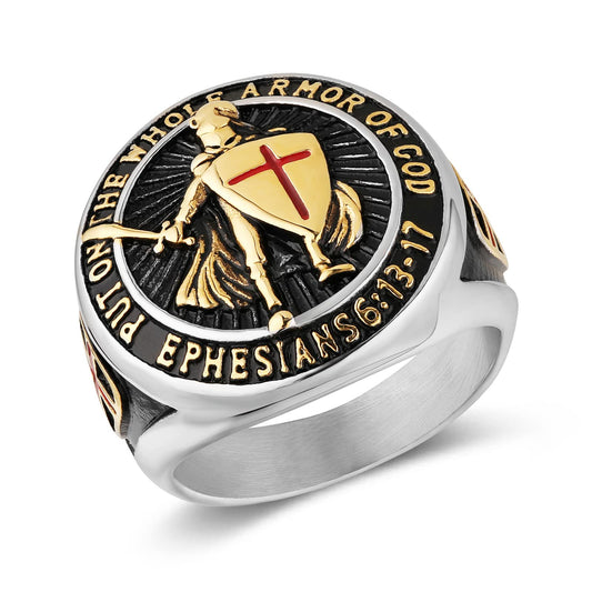 HZMAN Knights Templar Put On The Whole Armor of God Ephesians 6:13-17 Red Cross Design Men's Stainless Steel Ring (Silver&Gold,12)