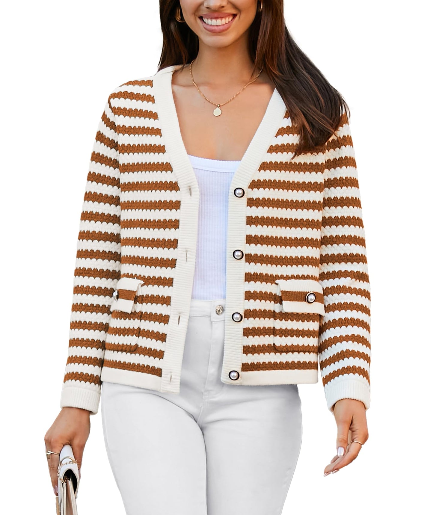 Casly Lamiit Women's Cardigan Sweaters 2024 Fashion Dressy Gold Buttons Lightweight Striped Cardigans Lounge Knit Outerwear Brown Apricot Stripe XL