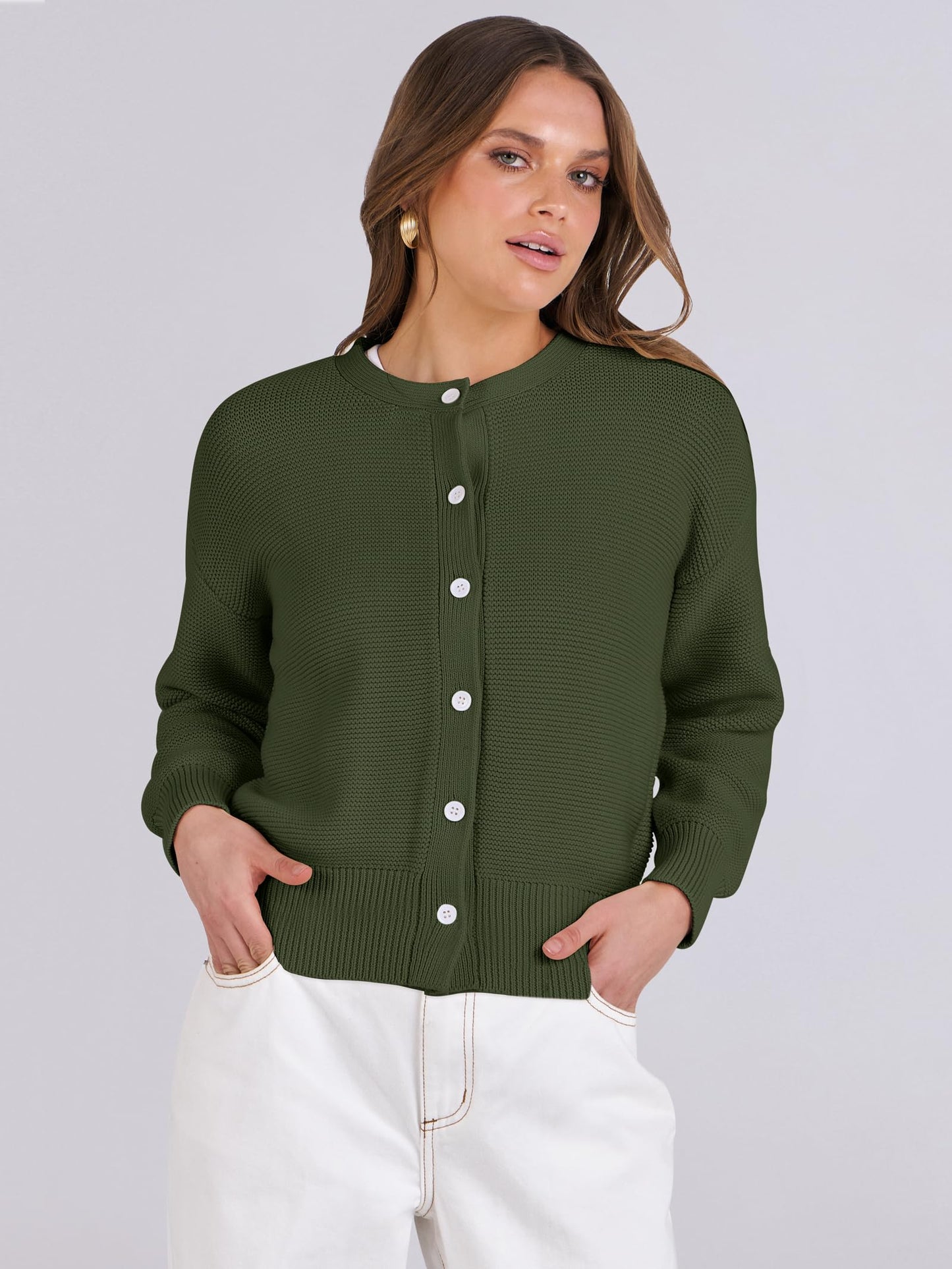 Caracilia Cropped Cardigan Sweaters for Women Long Sleeve Open Front Knit Cardigan Casual Button Down Tweed Jackets 2024 Fall Army Green X-Large