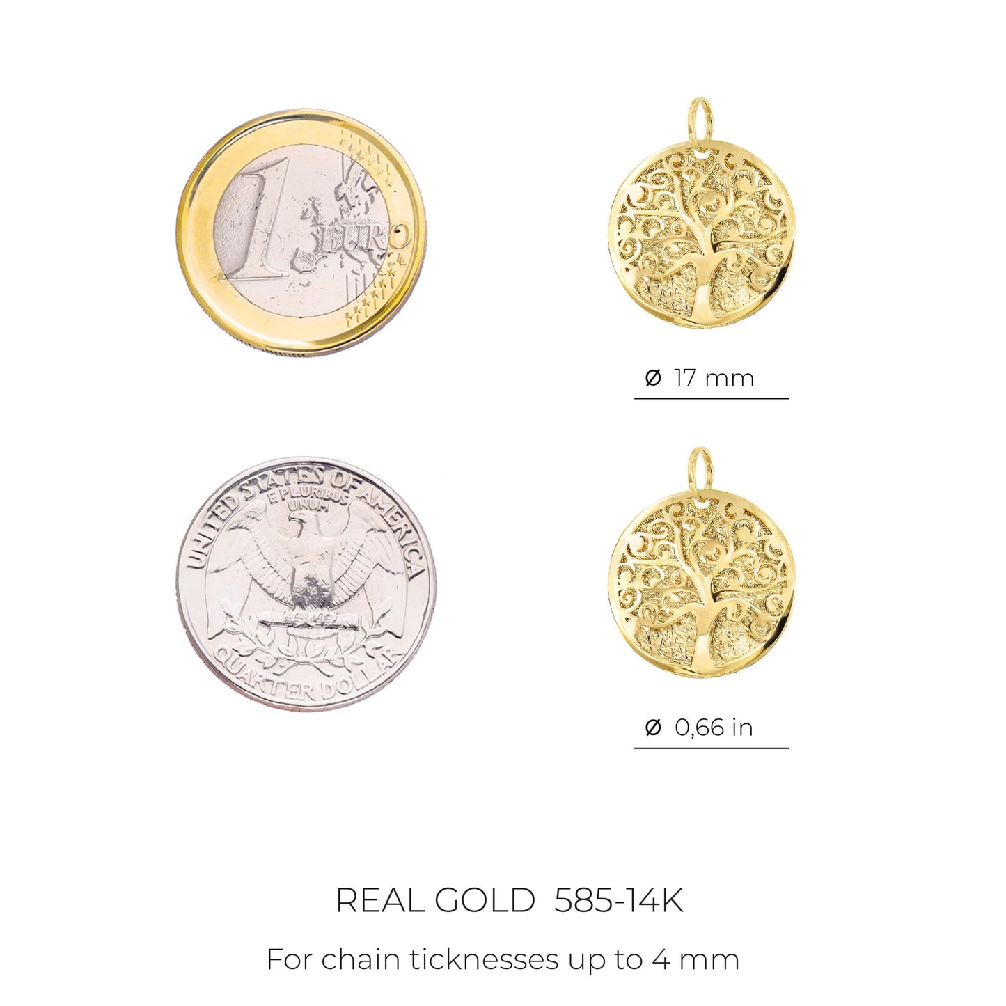 Lucchetta - Baum des Lebens Anhänger in 14K Gelbgold mit Diamant-effekt Medaille, Durchmesser 17mm, Goldanhänger Damen Mädchen 585 Echtgold für Kette (bis zu 4 mm) - hergestellt in Italien