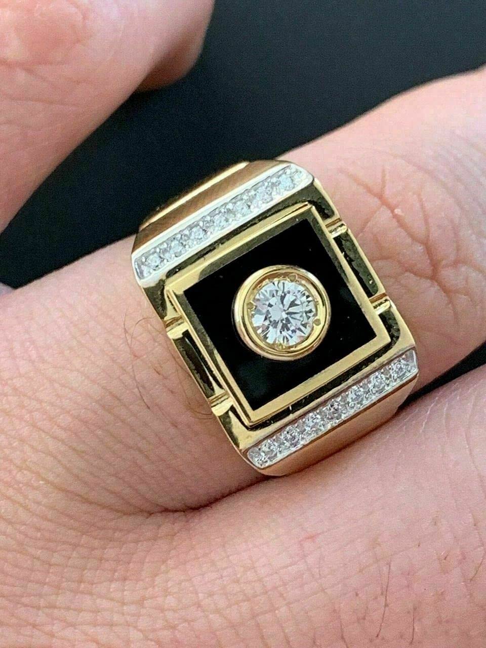 Solid 925 Sterling Silver - 14k Gold Finish - Mens Hip Hop Iced Solitaire Ring W. Black Onyx - Sizes 7-13 Great As Pinky Ring Or Any Finger (8)