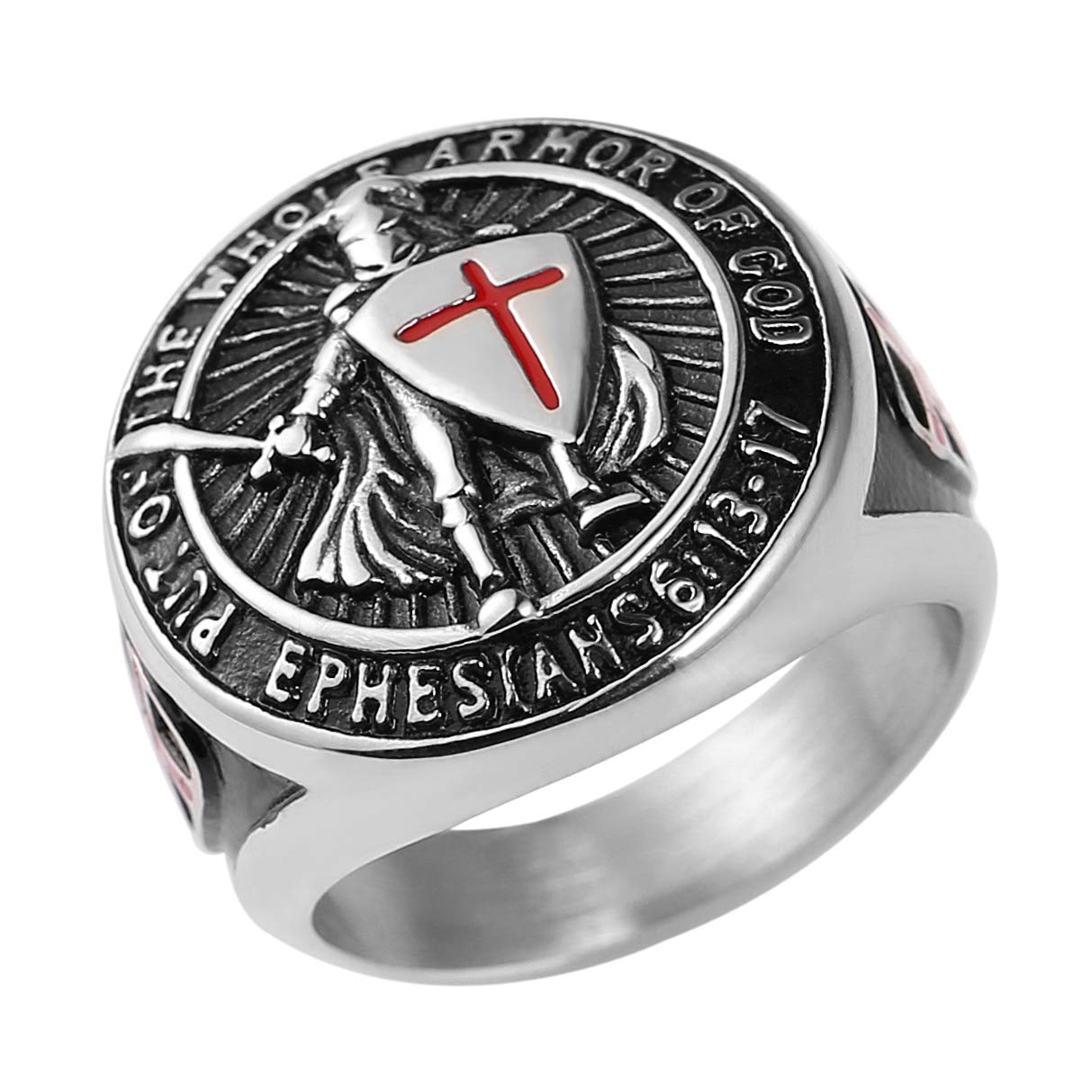 HZMAN Knights Templar Put On The Whole Armor of God Ephesians 6:13-21 Red Cross Design Men's Stainless Steel Ring