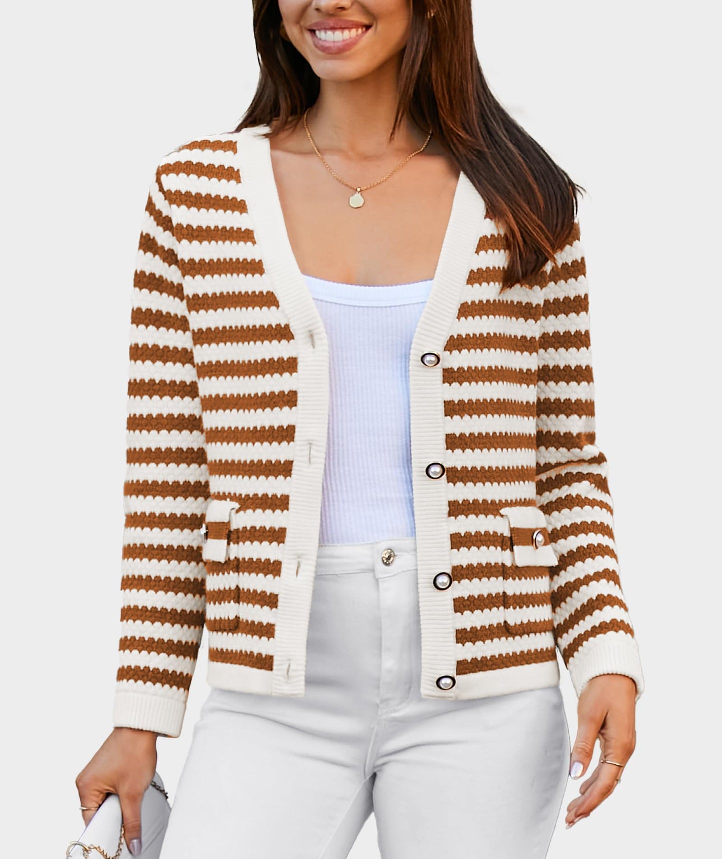 Casly Lamiit Women's Cardigan Sweaters 2024 Fashion Dressy Gold Buttons Lightweight Striped Cardigans Lounge Knit Outerwear Brown Apricot Stripe XL