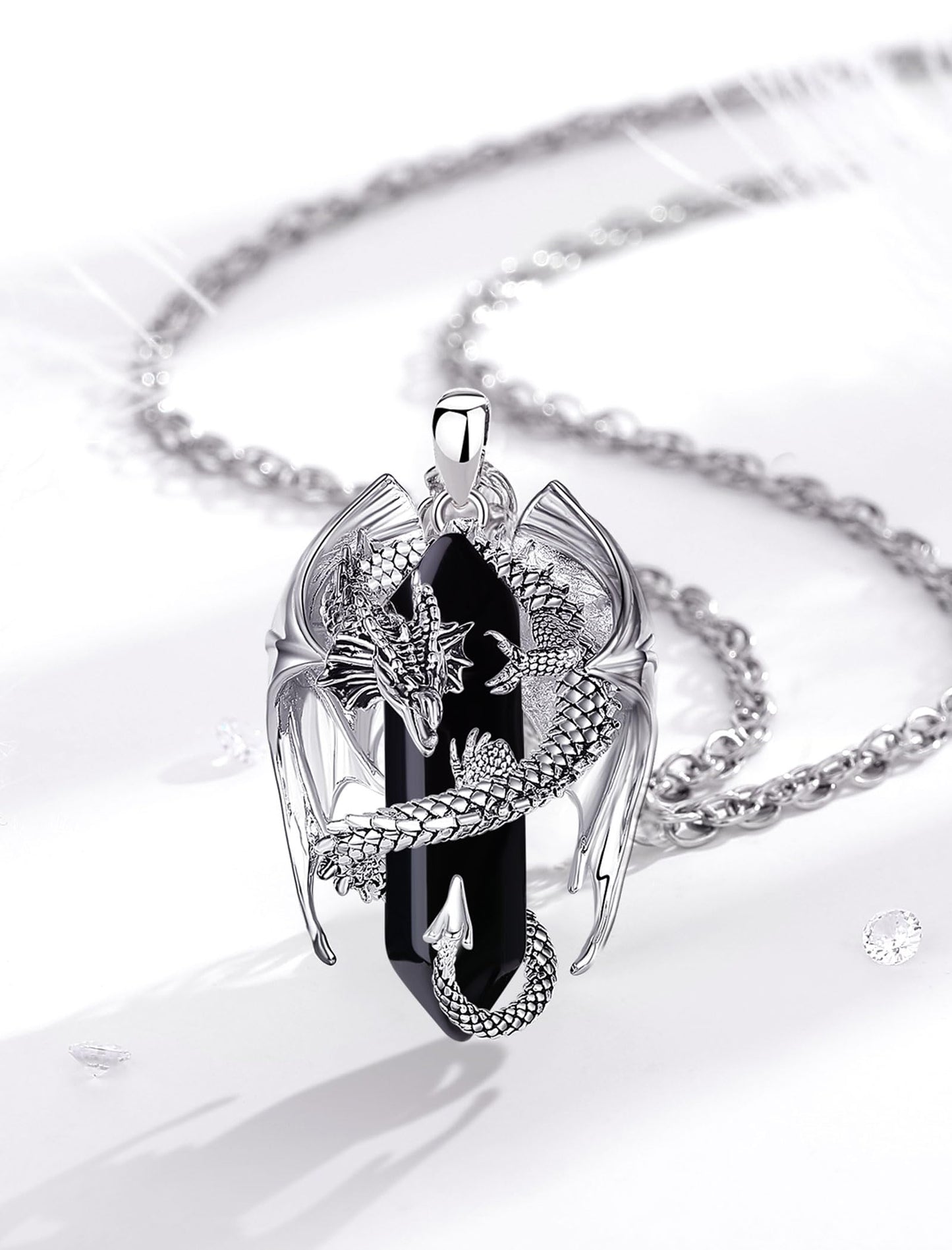 INFUSEU Drachen Kette, Kristall Halskette Nordischer Drache Eingewickelt Zylinder Edelstein Schwarzer vintage Obsidian Anhänger Sechseckiger Heilkristall Gothic Geschenk für Männer Frauen