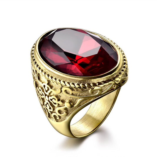 MASOP Vintage Retro Red Stone Male Rings Stainless Steel Gold Color Plated Man Jewelry Accessories