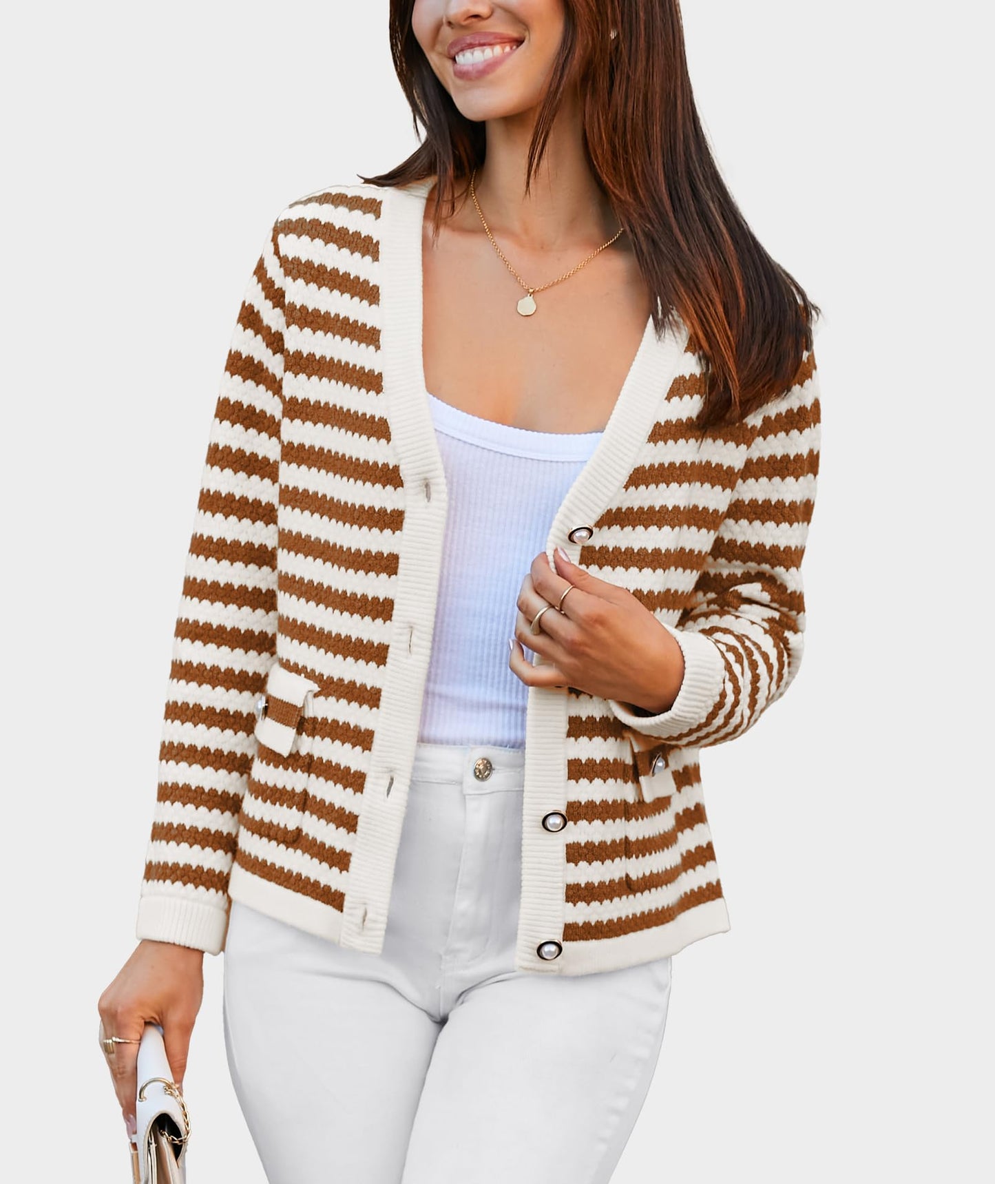 Casly Lamiit Women's Cardigan Sweaters 2024 Fashion Dressy Gold Buttons Lightweight Striped Cardigans Lounge Knit Outerwear Brown Apricot Stripe XL