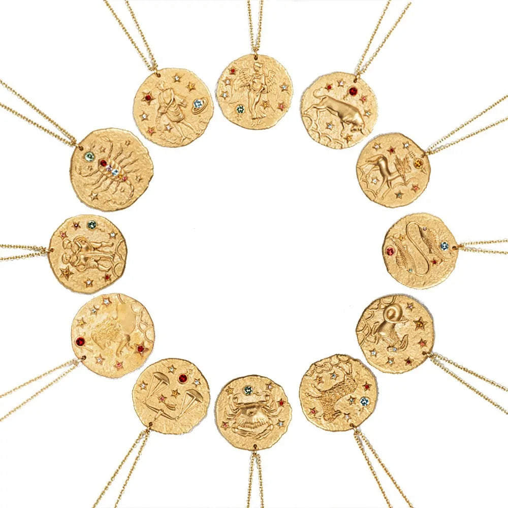 Gold Coin Disk Pendant Zodiac Necklace