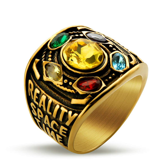 Valily Gold Thanos Rings for Men Gold Plated Stainless Steel Infinite Power Ring Gauntlet Crystal Ring Infinity War Men Keyring Size 9