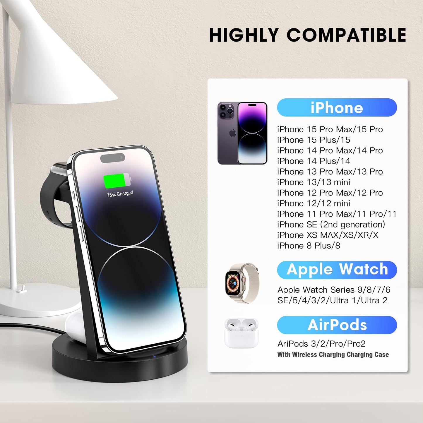 3 in 1 Charging Station for iPhone, Wireless Charger for iPhone 15 14 13 12 11 X Pro Max & Apple Watch - Wireless Charging Station for AirPods 3 Pro