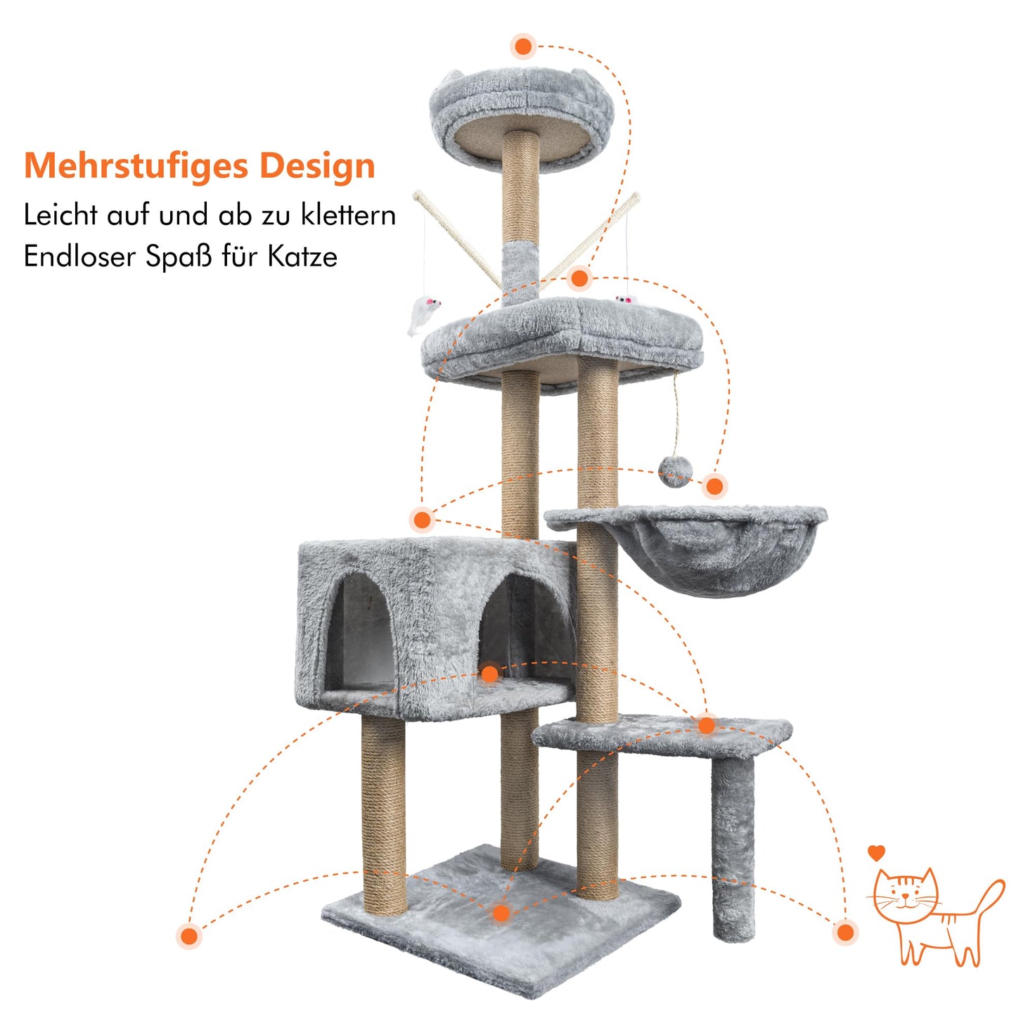 HOMIDEC Katzen Kratzbaum, 145 cm Katzenbaum Kletterturm, Kletterbaum Aktivitätskratzbäum mit Säulen vollständig mit Sisal umwickelt, Katzenspielzeug, Höhle, Plattformen, Liegemulde, Hellgrau