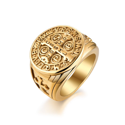 LAOYOU St Benedict Ring Men's Stainless Steel Christian Roman Rings Mens Catholic Saint Benedict Exorcism Ring Cross Demon Protection Ghost Hunter CSPB Men Dad Boyfriend Gold plated Christmas Size 13