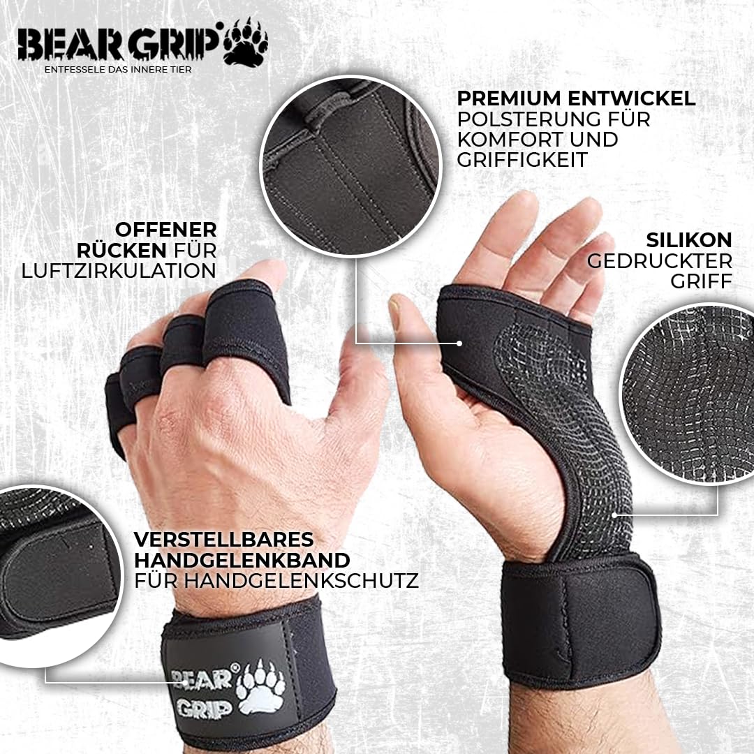 BEAR GRIP - Offene Trainingshandschuhe für Crossfit, Bodybuilding, Kallisthenik, Powerliftin (L)