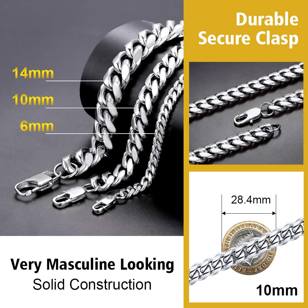 PROSTEEL Herren Panzerkette 51cm Halskette Edelstahl 10mm breit massiv Schwer Kubanische Gliederkette silber Hip-Hop Street Style Schmuck für Männer Jungen