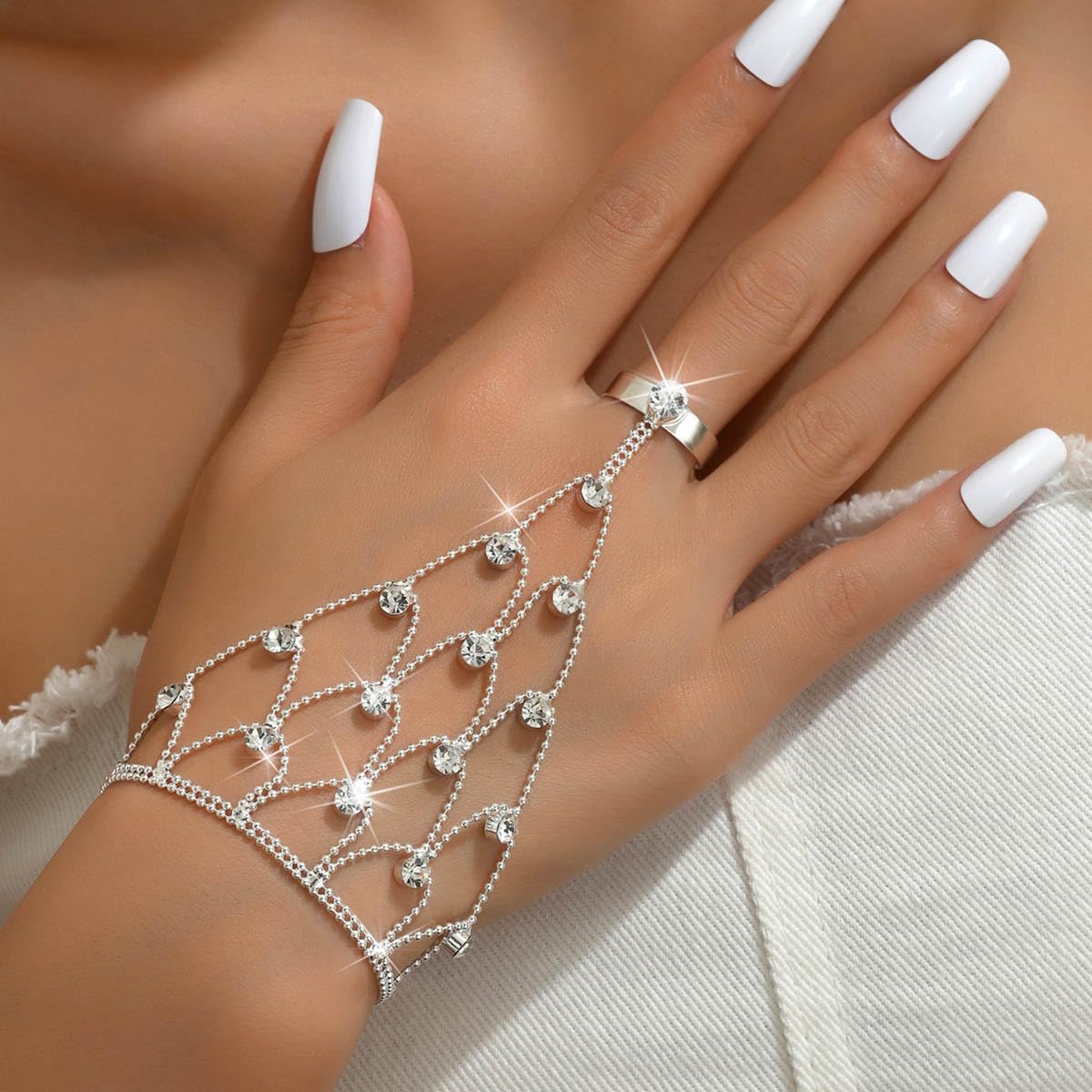 Clataly Kristall Ring Armbänder Braut Hochzeit Armreif Hand Kette Silber Finger Ring Link Armband Harness Kette Hand Schmuck für Frauen Mädchen