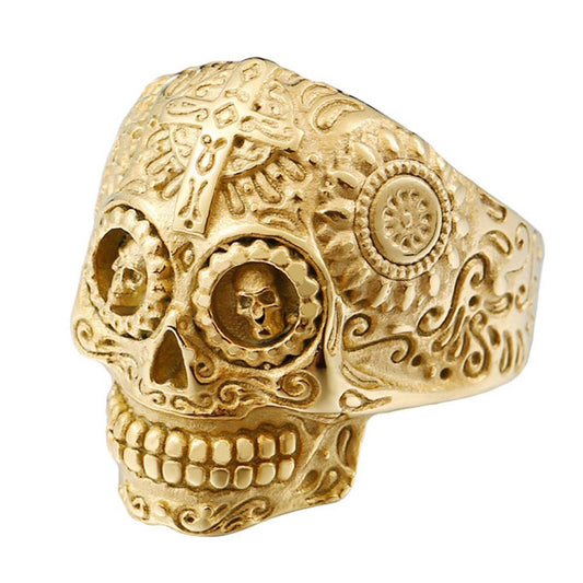 INRENG Stainless Steel Gothic Cross Sugar Skull Rings for Men Vintage Biker Band Flower Carved Halloween Jewelry All Gold Size 11