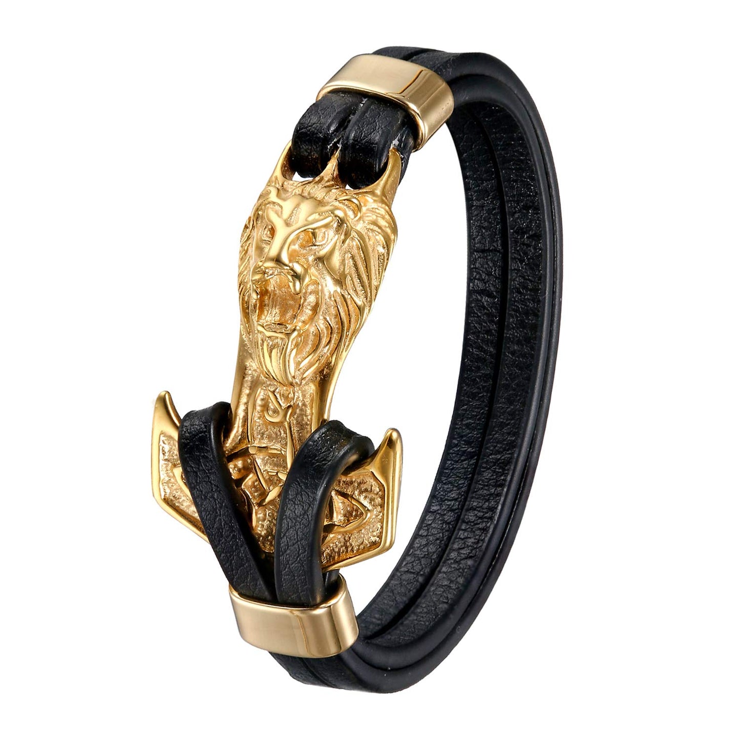 OIDEA Leder Armband Herren Thor Hammer Löwe Kopf Armreif für Herren Männer Jungen Unisex Gold Schwarz