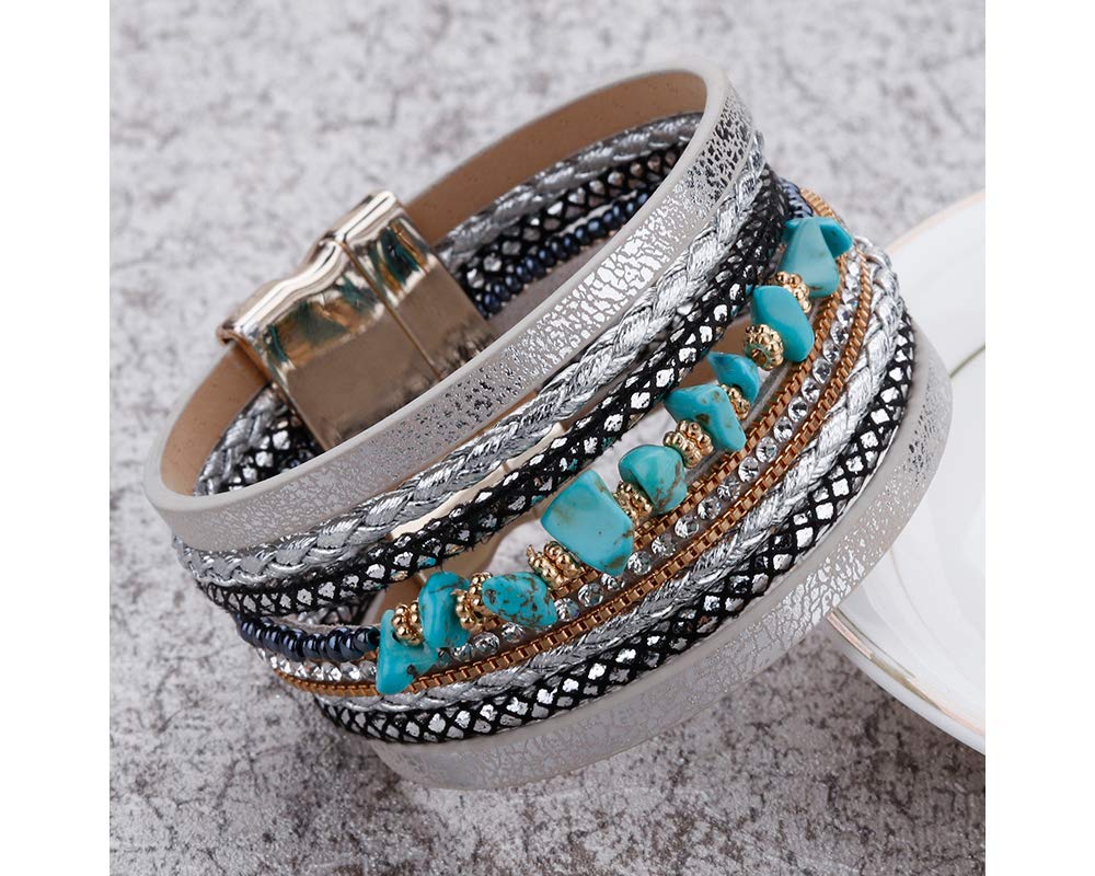 Fesciory Leather Wrap Bracelets for Women, Boho Leopard Multi-Layer Crystal Beads Cuff Bracelet Jewelry