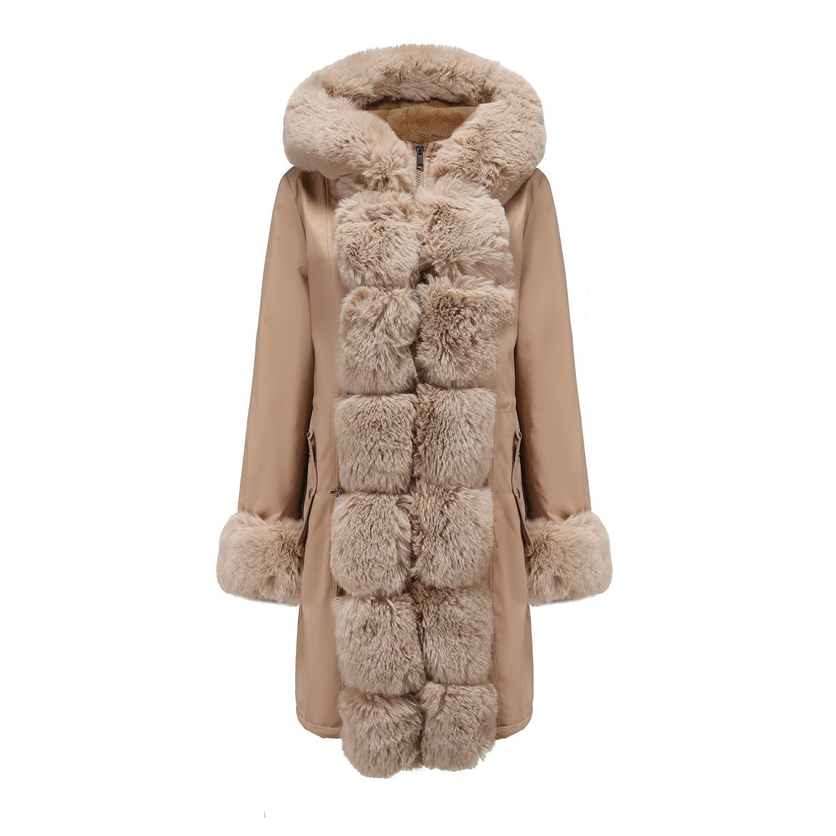 Damen-Parka mit baumwollgefüttertem Mantel, abnehmbarem Pelzkragen, mittellang, lange Ärmel