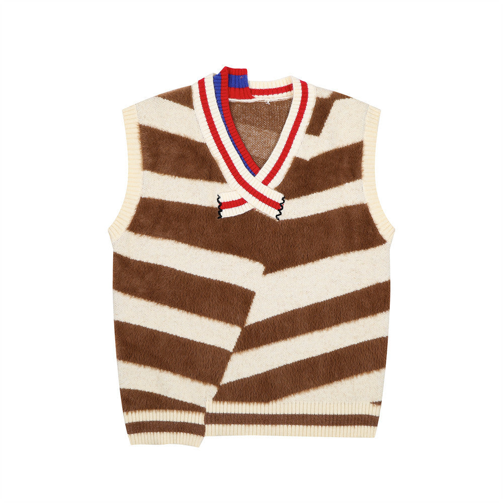 Contrast Color Striped Irregular V-neck Patchwork Knitted Vest Men's Casual Outerwear Waistcoat Sleeveless Sweater Tide