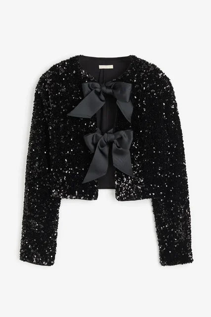 Chic Short Sequin Jacket With Bow