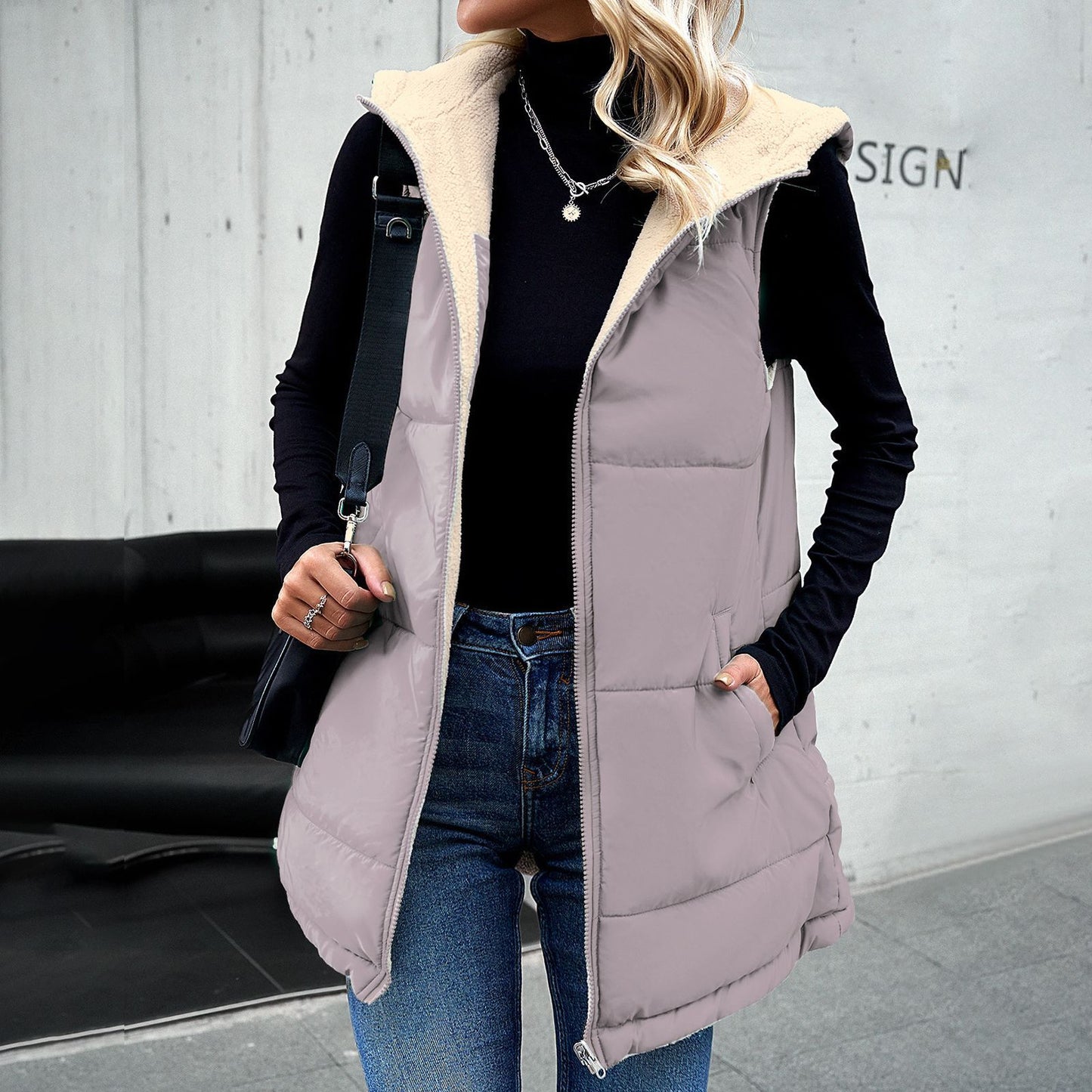 Winterweste Damen Lockere Pendeljacke Mittellange Kapuzenjacke Aus Baumwolle Mit Taschen Mode Warmer Reißverschluss Flauschiger Mantel Outdoor-Kleidung