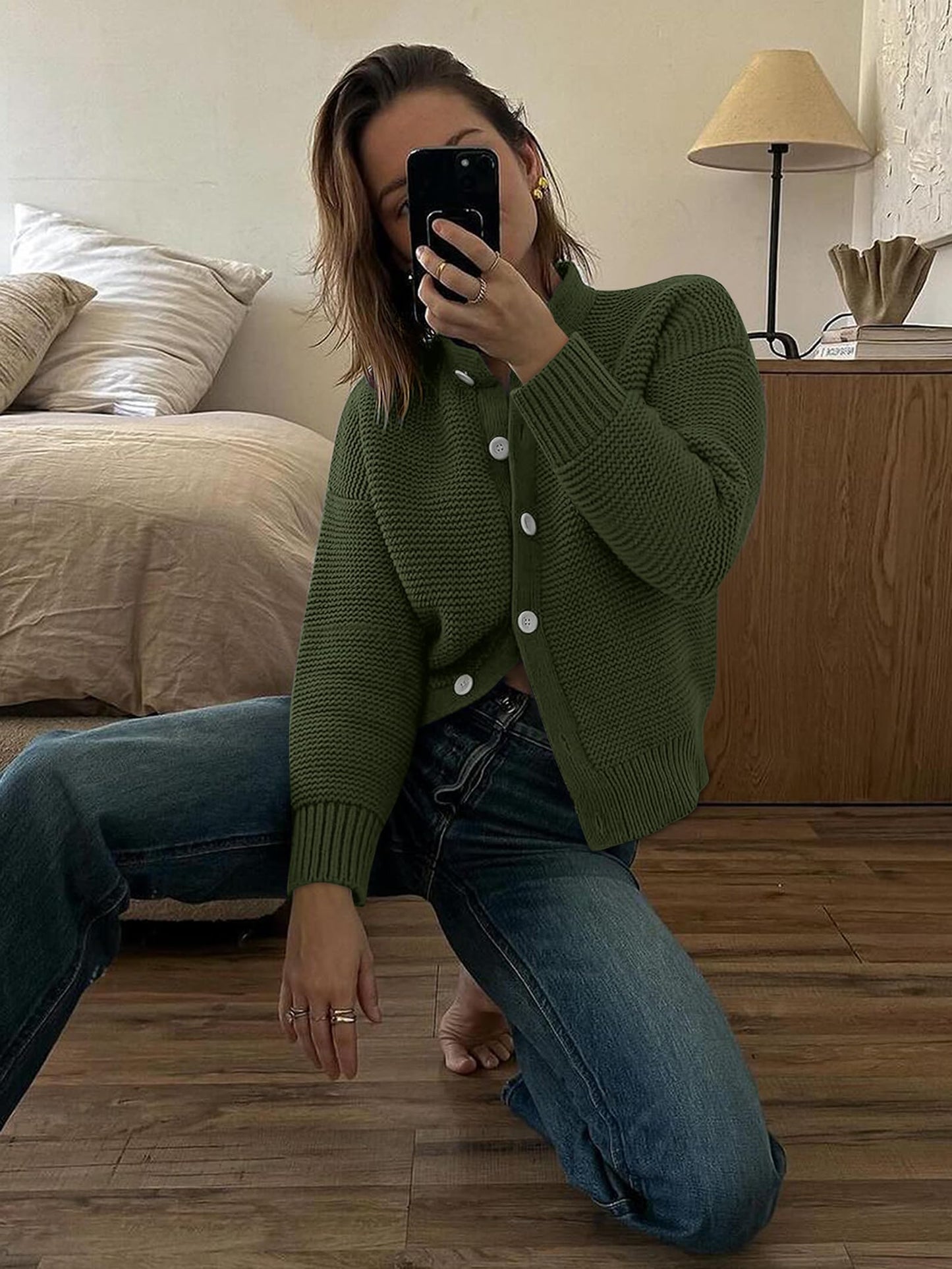 Caracilia Cropped Cardigan Sweaters for Women Long Sleeve Open Front Knit Cardigan Casual Button Down Tweed Jackets 2024 Fall Army Green X-Large