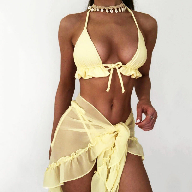 Pleating Lace-up Halterneck Mesh Bikini Solid Color Three-piece Set