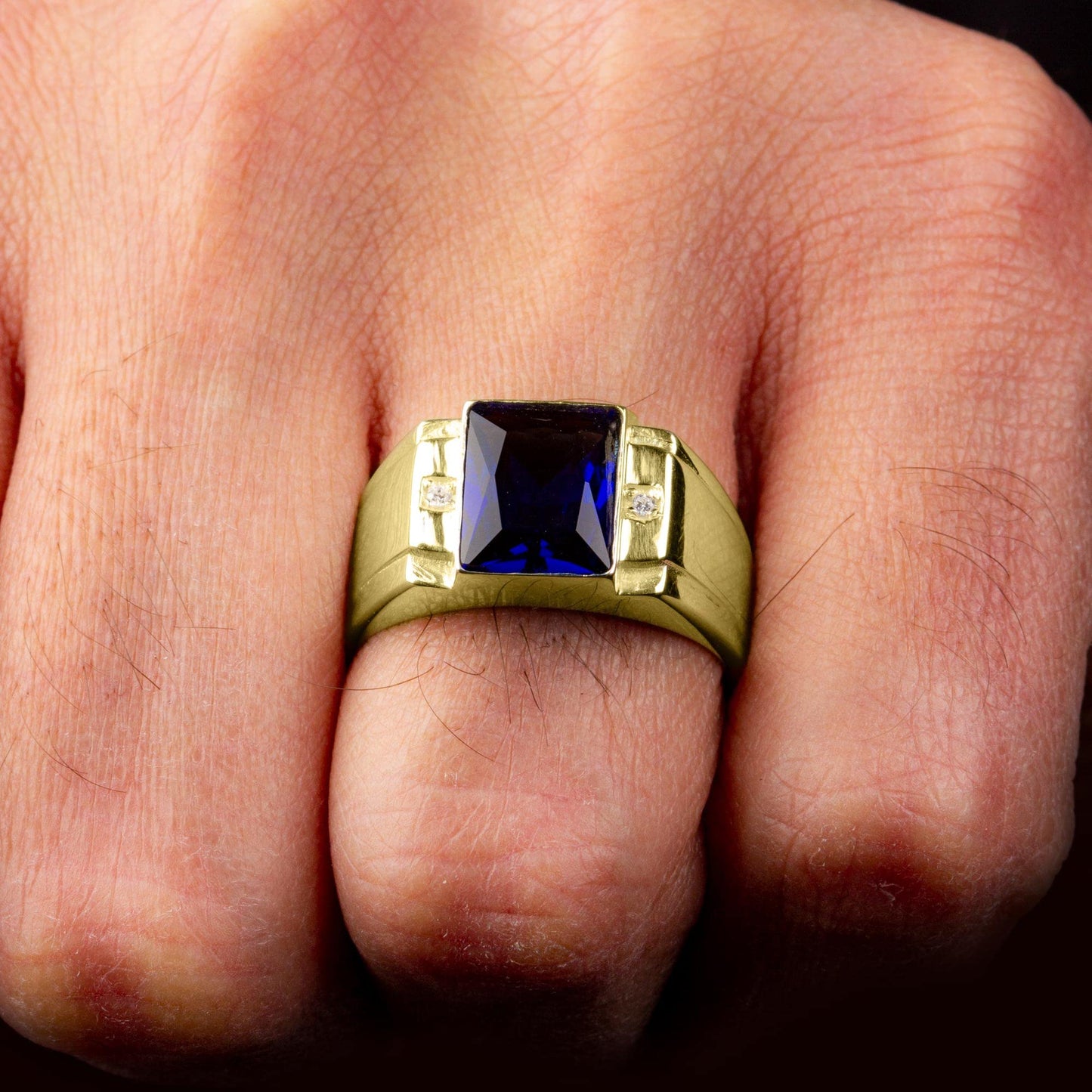 Blake's 10K Solid Yellow Gold Ring for Men with Baguette-Shape Blue Sapphire and 2 Diamond Accents, Men Fine Jewelry for Dad Men Gifts for Him, Men’s Jewelry (Size 5-15)