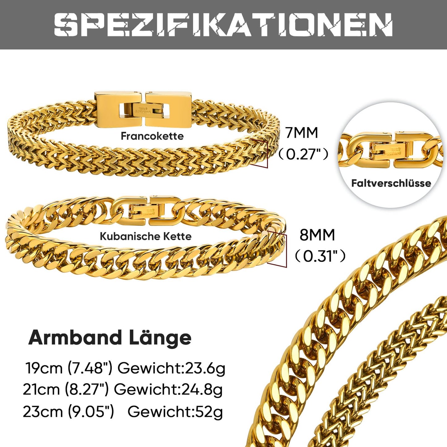 Herren Armband Edelstahl Armbänder Panzerkette - 2 Stücke Gold Herrenarmbänder für Männer Jungs Kubanische Armband 8mm Breite 21cm Länge Geschenke für Papa Sohn Bruder Ehemann Freundschaft