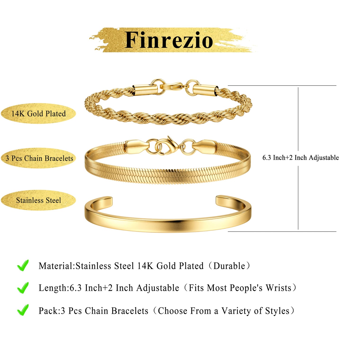 Finrezio 3-5 Stück Armband Damen Gold 14 Karat Vergoldet Stapelarmbänder Edelstahl Figaro Perlen Ketten Armbänder Verstellbares Armband Set Wasserdichter Gold Schmuck für Damen