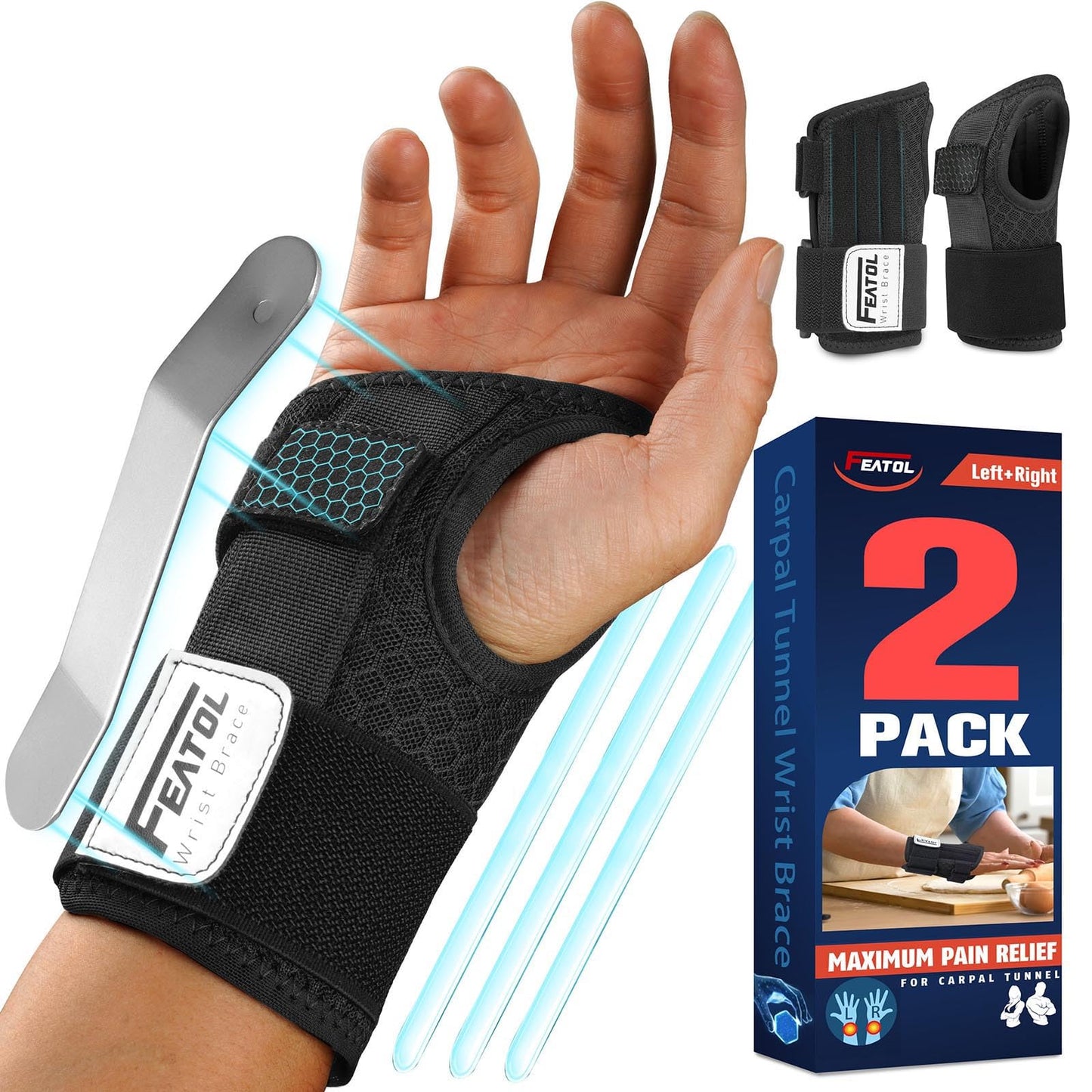 FEATOL 2 Pack Carpal Tunnel Wrist Brace For Work With Wrist Splint, Adjustable Wrist Guard Daytime Support For Women Men, Pain Relief For Pregnancy, Typing, Arthritis, Tendonitis, Right Hand Left Hand, Large