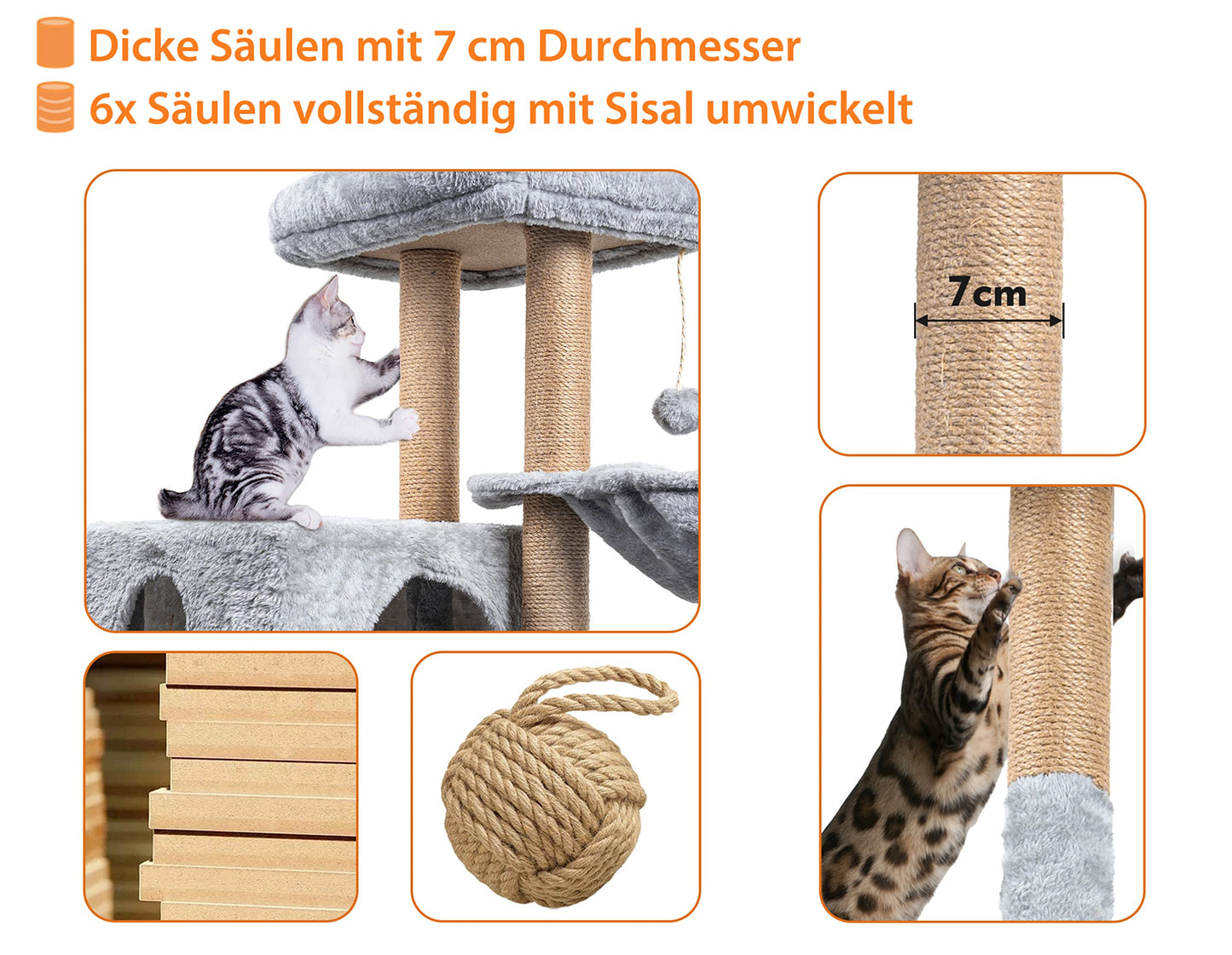 HOMIDEC Katzen Kratzbaum, 145 cm Katzenbaum Kletterturm, Kletterbaum Aktivitätskratzbäum mit Säulen vollständig mit Sisal umwickelt, Katzenspielzeug, Höhle, Plattformen, Liegemulde, Hellgrau