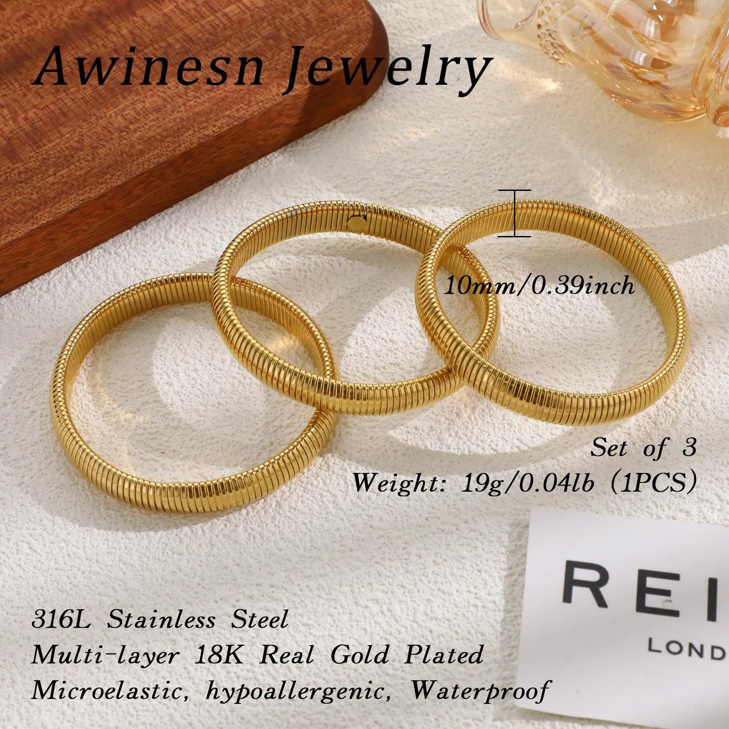 Awinesn Gold Bangles for Women Chunky Stretch Bangles Bracelets Set 18K Gold Plated Stainless Steel Link Chain Bracelets Flexible Wide Wristband Bracelets Set of 3 Jewelry for Women