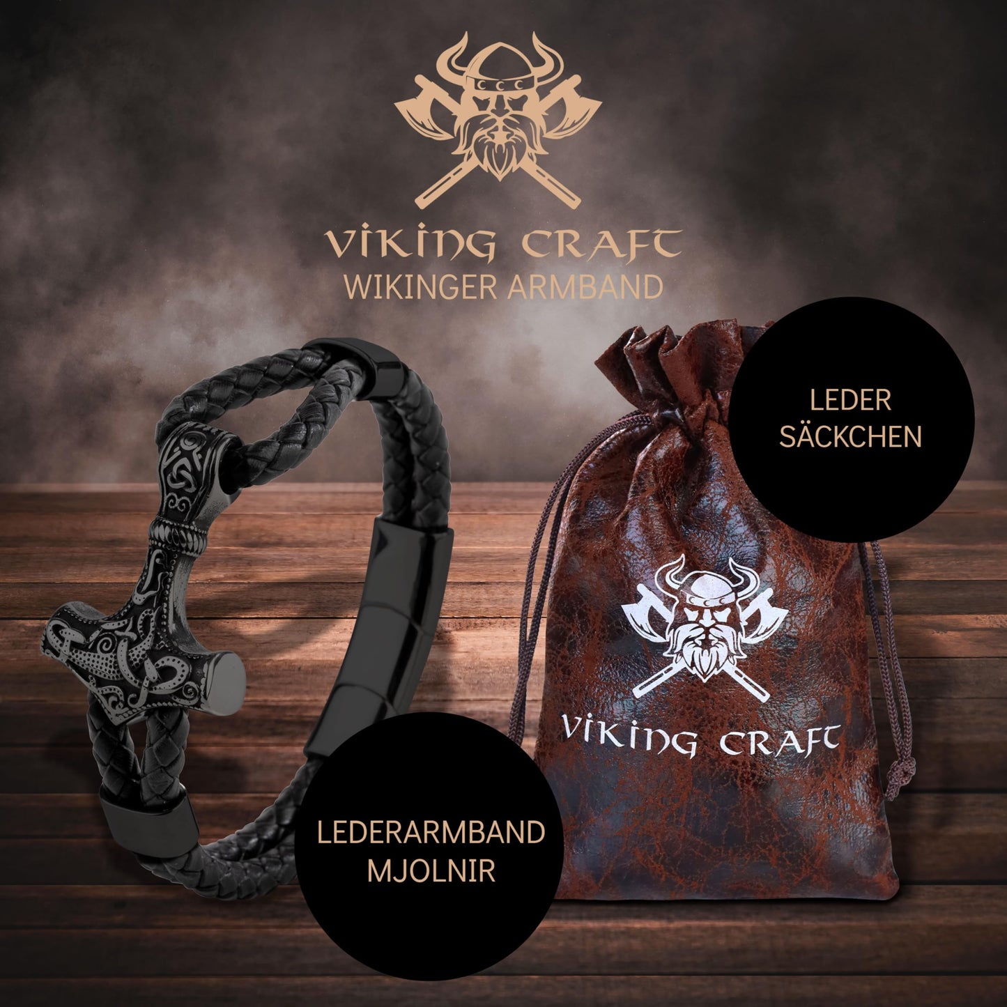 VIKING CRAFT Wikinger Lederarmband Thor - Wikinger Armband Herren aus Leder u. Edelstahl - Wikinger Schmuck Armreif Mjölnir, Wikinger Deko, Mittelalter Deko Wikinger Geschenke Männer Schmuck Viking