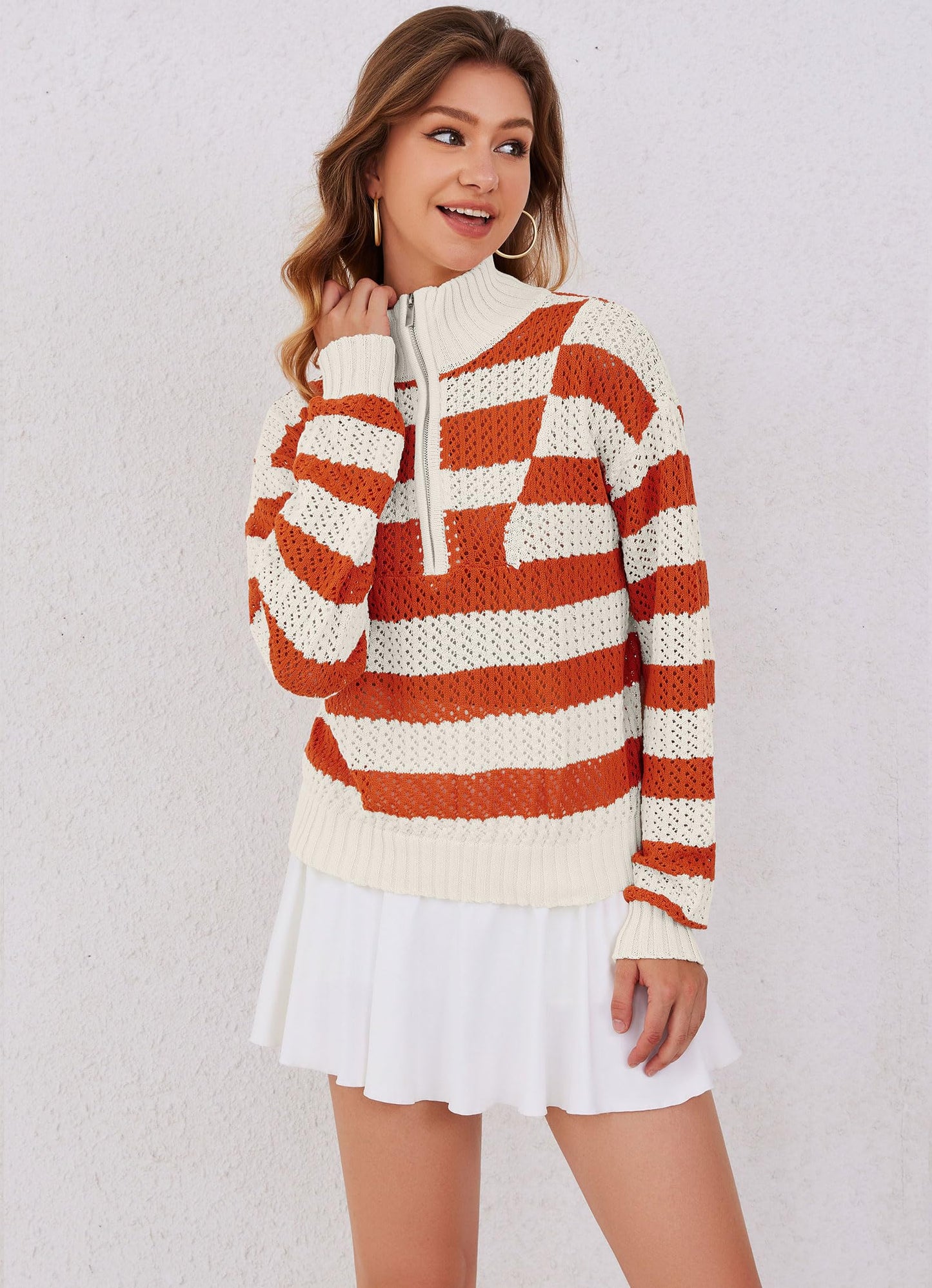 Womens Orange Striped Sweater Quarter Zip Pullover V Neck Crochet 2024 Color Block Trendy Knit Crop Tops