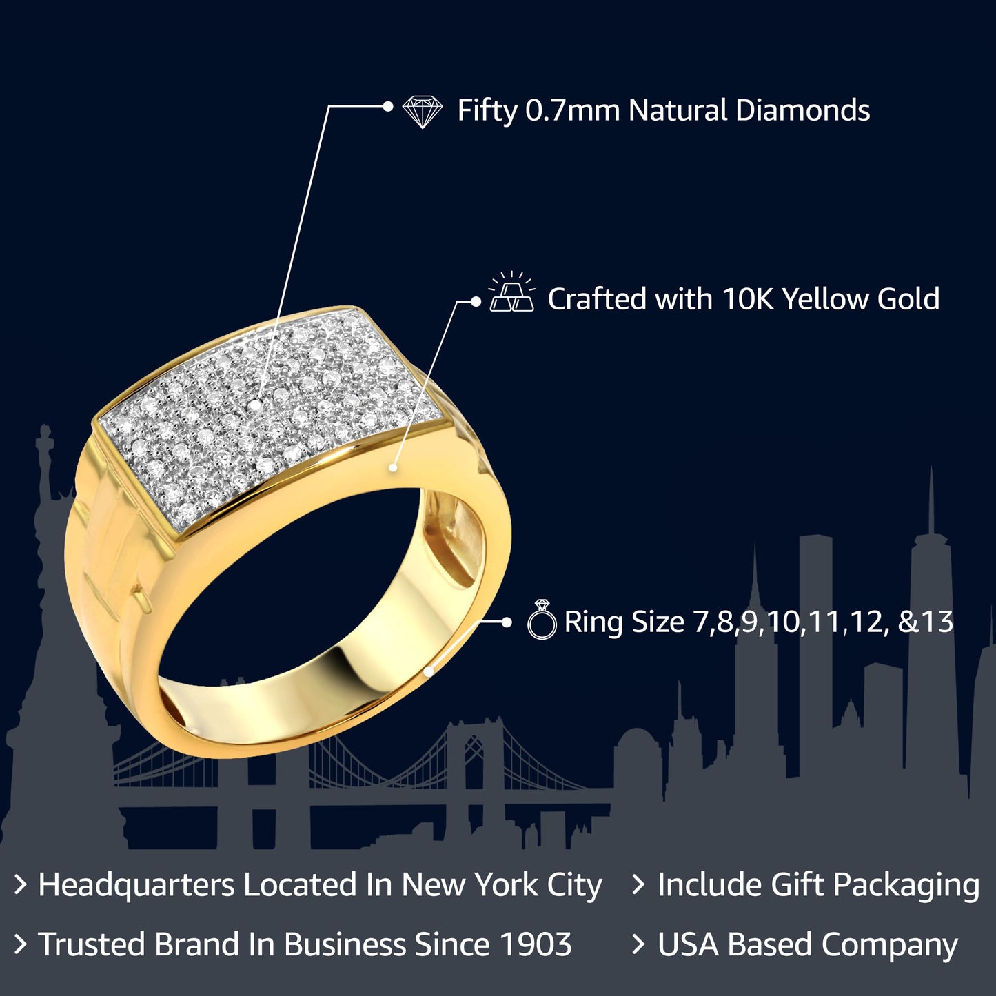 Gem Stone King White Diamond Ring For Men In 10K Yellow Gold | Gold Men's Pave Ring | 0.25 Cttw | Available in Size 5,6,7,8,9,10,11,12,13