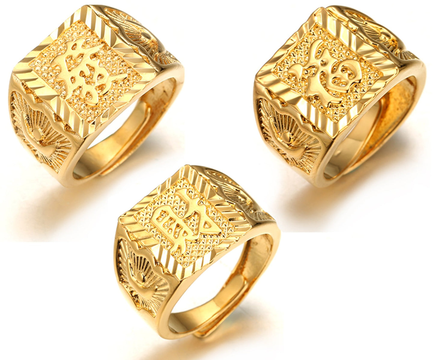 Halukakah Mens Gold Ring 3PCs Set,18K Real Gold Filled Kanji Rich/Luck/Wealth Size Adjustable,Gift for Men