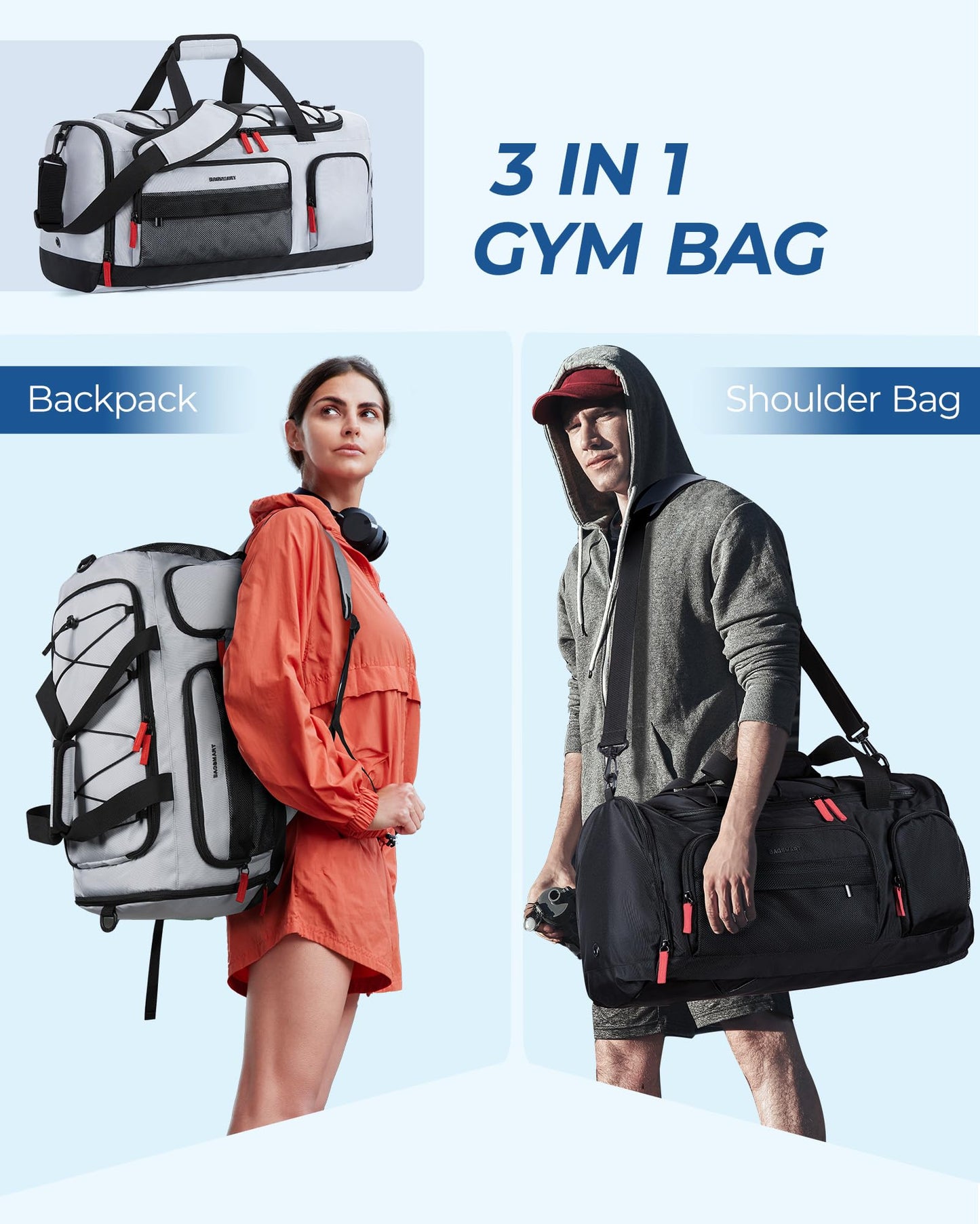 BAGSMART Sporttasche für Damen und Herren, 35 l Sport-Reisetasche mit Schuhfach, diebstahlsichere Wochenendtasche fürs Flugzeug, wasserabweisender Workout-Rucksack für die Nacht für das Reisen im Fitnessstudio, Grau