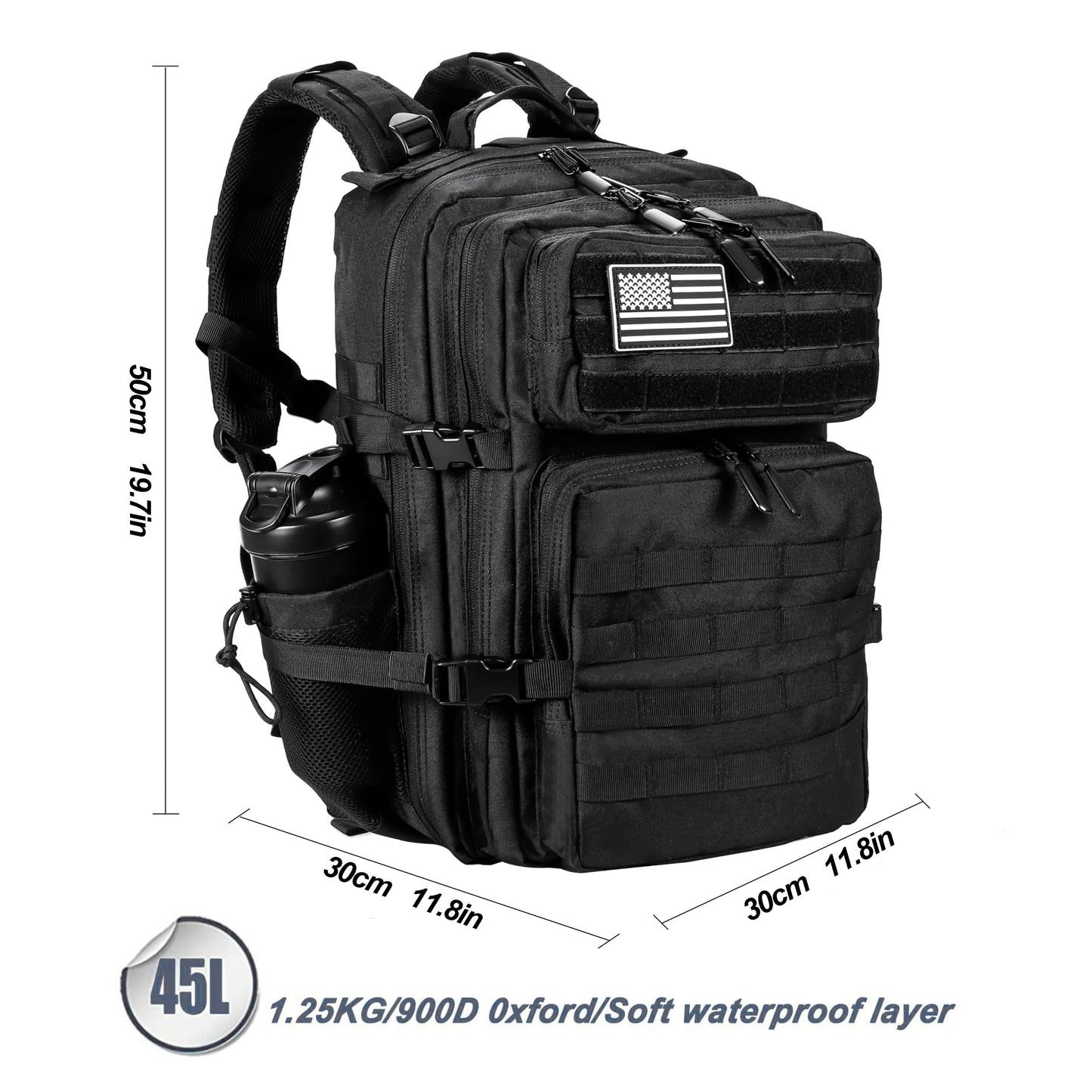 LHI Militärischer taktischer Rucksack für Männer und Frauen, 45 l, Army 3 Days Assault Pack Bag, großer Rucksack mit Molle-System, Schwarz