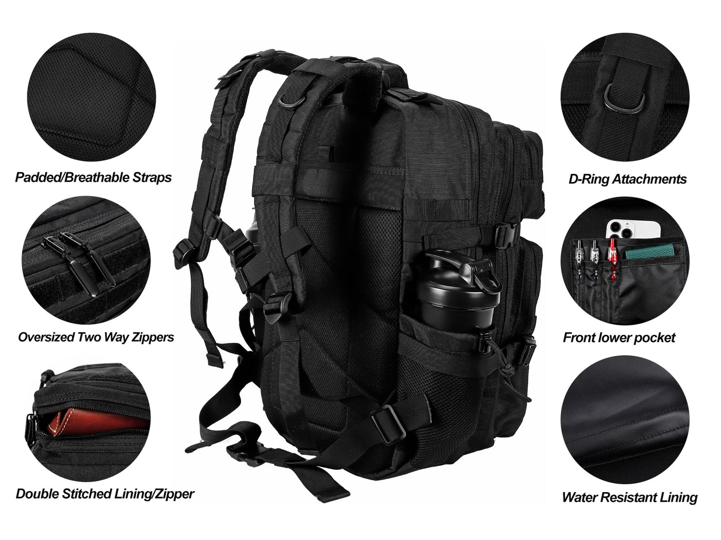 LHI Militärischer taktischer Rucksack für Männer und Frauen, 45 l, Army 3 Days Assault Pack Bag, großer Rucksack mit Molle-System, Schwarz