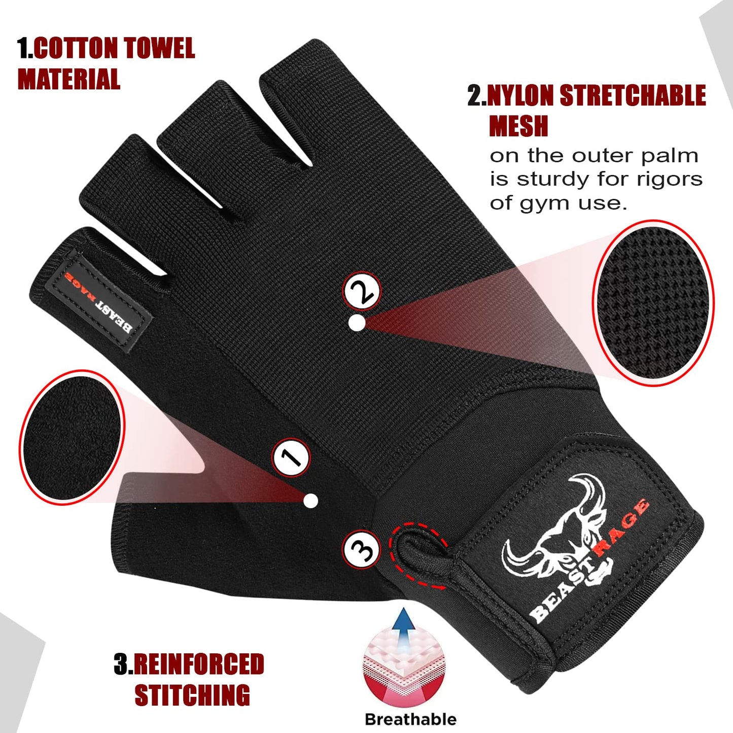 BEAST RAGE Fitness-Handschuhe für Training, rutschfeste,gepolsterte Handfläche,Halbfinger-Workout,Gewichtheben-Handschuhe, Radfahren, Crossfit,Krafttraining (Schwarz, L)