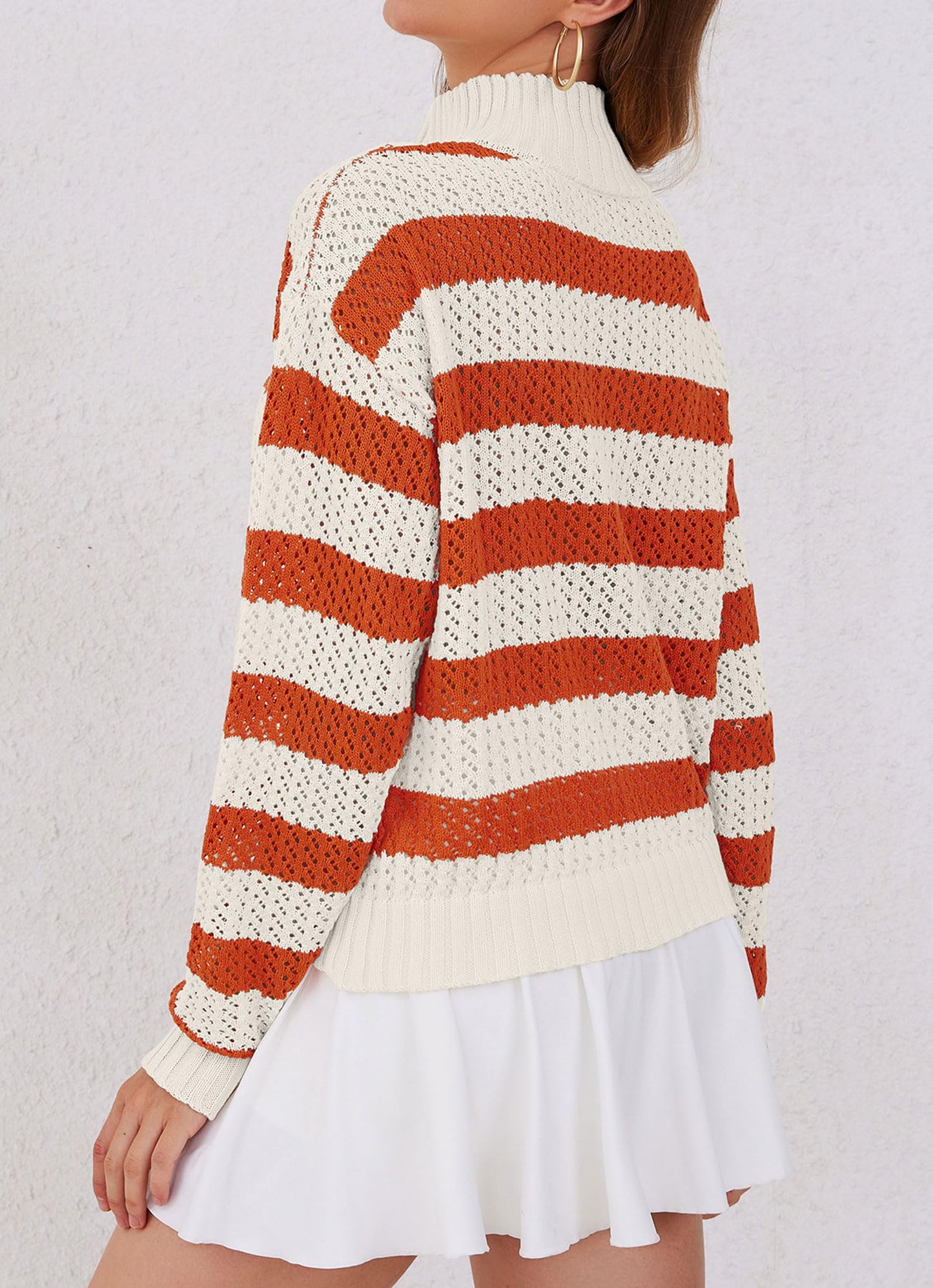 Womens Orange Striped Sweater Quarter Zip Pullover V Neck Crochet 2024 Color Block Trendy Knit Crop Tops