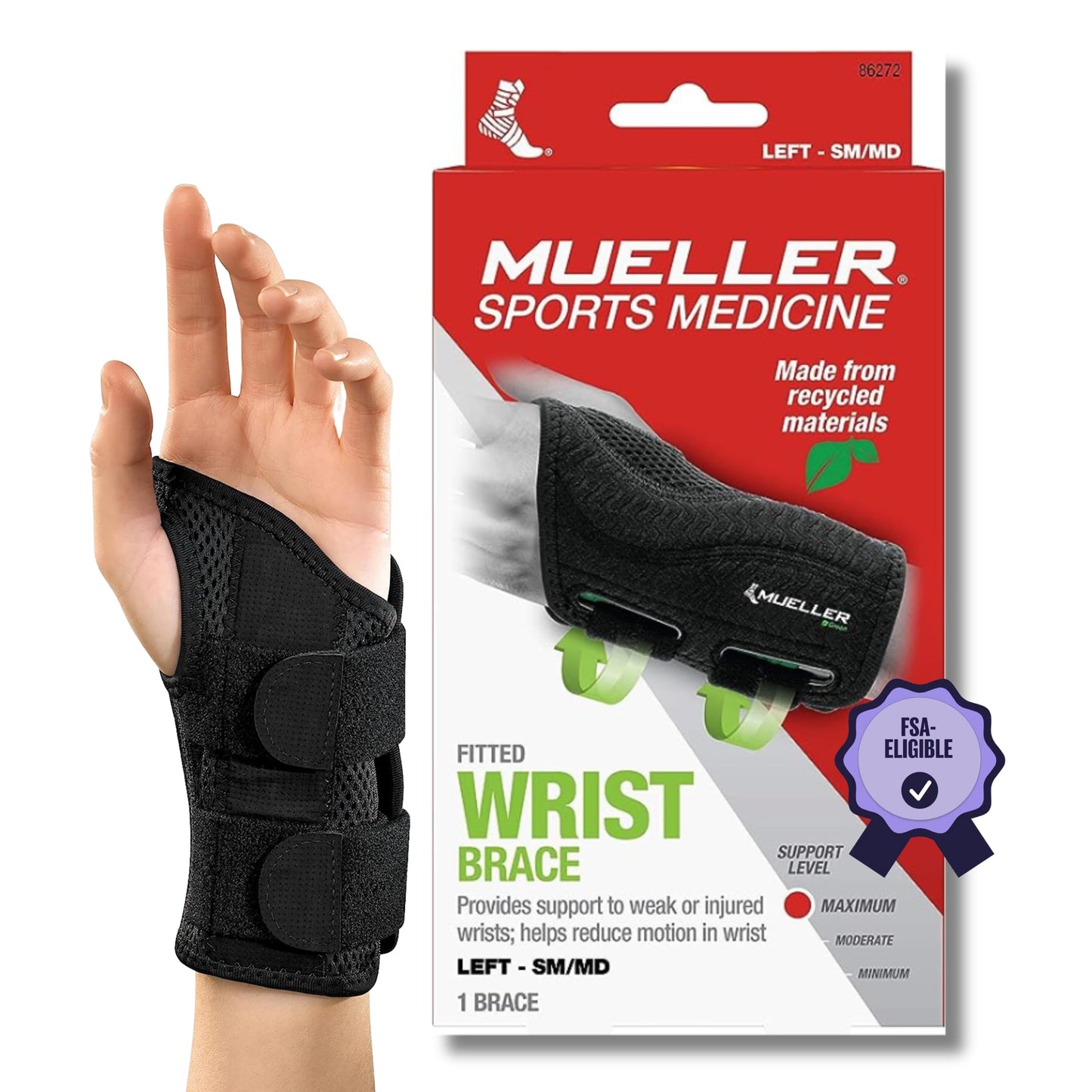 MUELLER Sports Medicine Grüne, angepasste Handgelenkbandage für Männer und Frauen, Unterstützung und Kompression bei Karpaltunnelsyndrom, Sehnenentzündung und Arthritis, linke Hand, schwarz, Größe S/M