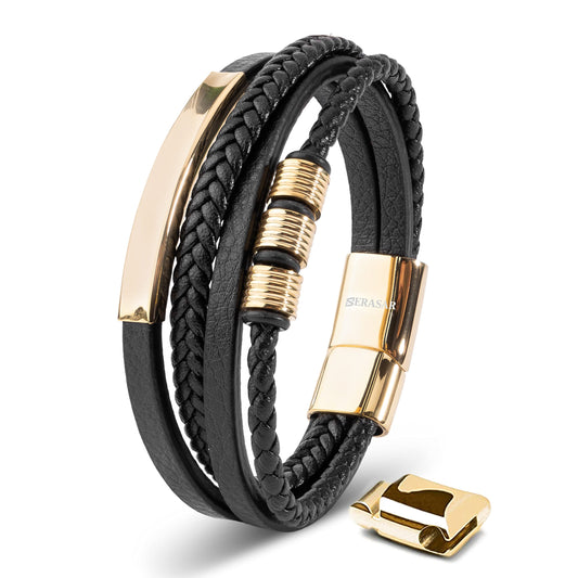 SERASAR Lederarmband für Männer 20cm Gold Herren-Armband Leder-Armreif Herren-Lederband Herrenarmreif Armschmuck Leder-Schmuck Herrenschmuck Armkette Flecht-Armband Leder-Wickelarmband Leder-Kette