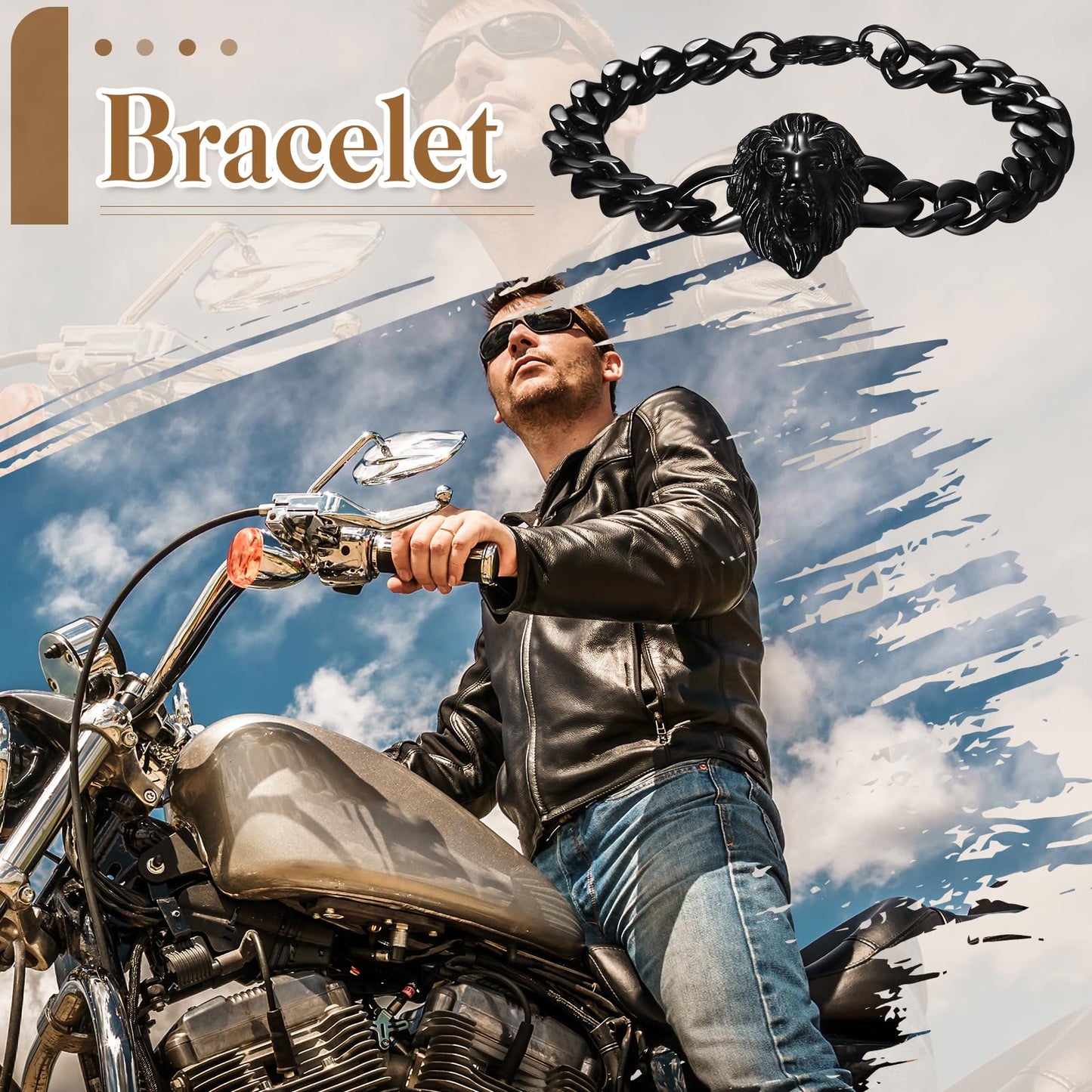 Flongo Herren Löwe Armband Edelstahl: Gold Wikinger Schmuck Charms Cuban Kette mit Löwenkopf Lion Head Löwen Armkette Retro Biker Geschenk für Männer Damen breit Weihnachten Geburtstag Jahrestag