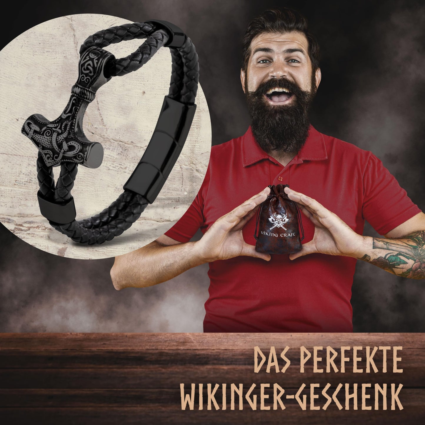 VIKING CRAFT Wikinger Lederarmband Thor - Wikinger Armband Herren aus Leder u. Edelstahl - Wikinger Schmuck Armreif Mjölnir, Wikinger Deko, Mittelalter Deko Wikinger Geschenke Männer Schmuck Viking