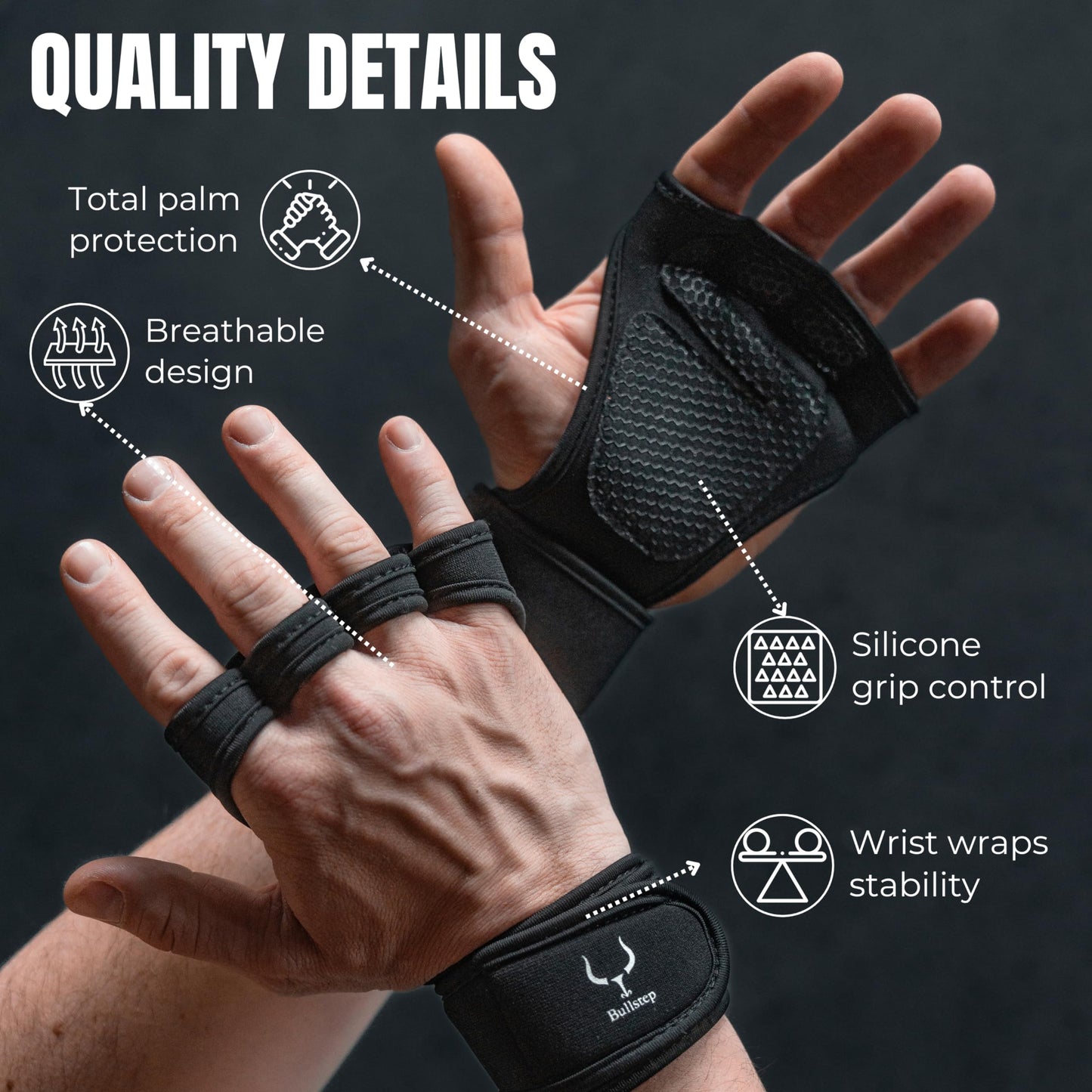 Bullstep Fitness Handschuhe Herren und Damen mit Handgelenkbandage. Gym Handschuhe für Kraftsport, Crossfit Grips, Klimmzugstange, Training, Bodybuilding