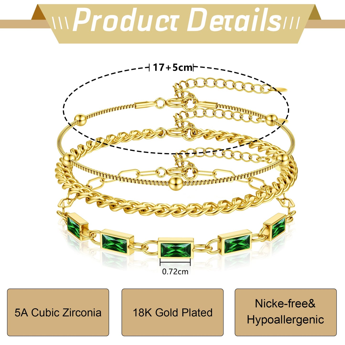 YADOCA Gold Armband für Damen Mädchen, 18K Gold Vergoldet geschichtet Schmuck Armband Set zierlich Stapelbar Armbänder Link Büroklammer Kette Frauen Mädchen -Grün