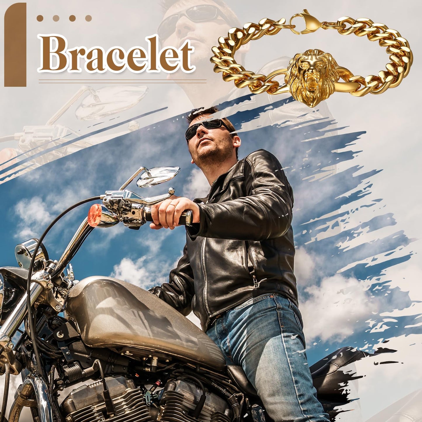 Flongo Herren Löwe Armband Edelstahl: Gold Wikinger Schmuck Charms Cuban Kette mit Löwenkopf Lion Head Löwen Armkette Retro Biker Geschenk für Männer Damen breit Weihnachten Geburtstag Jahrestag